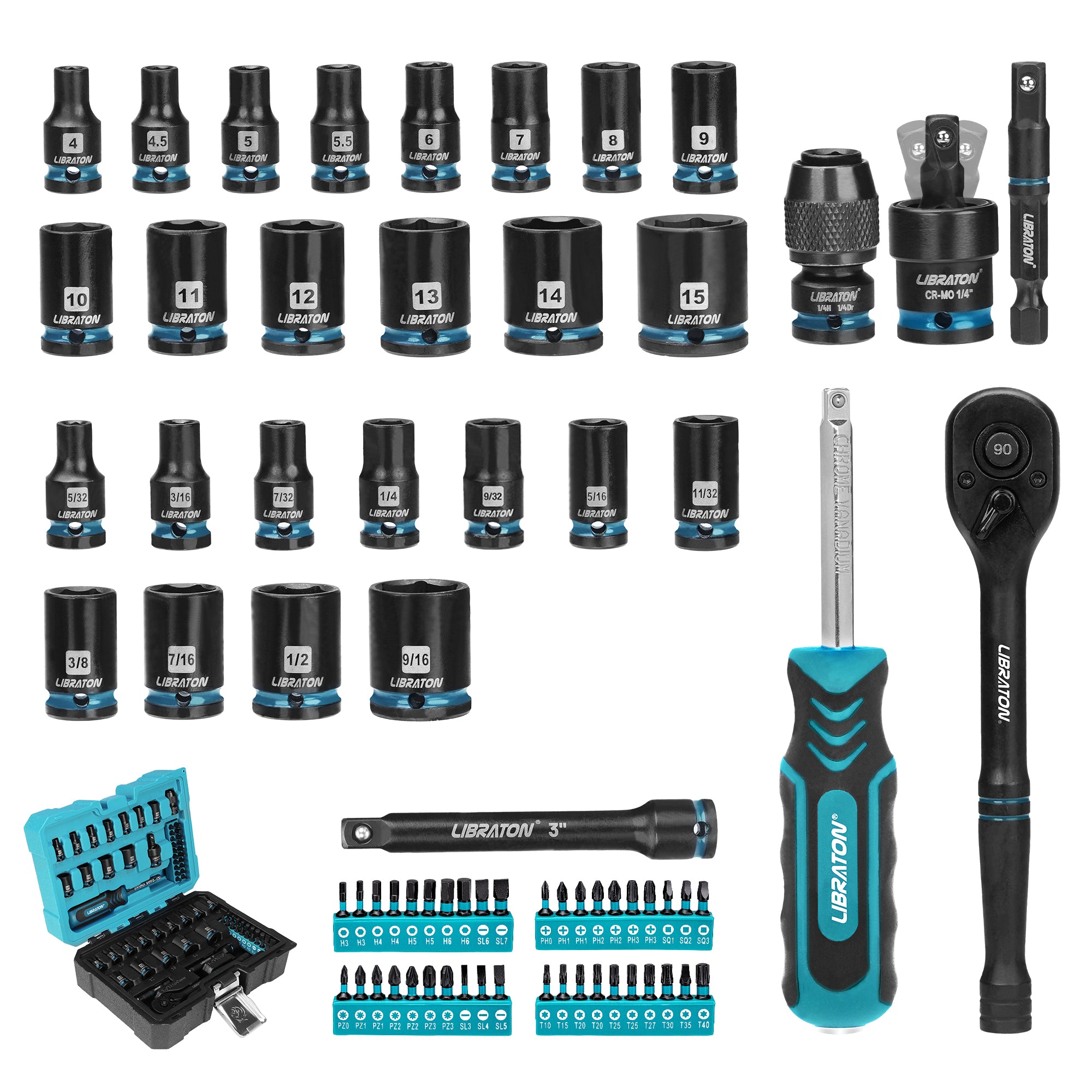 LIBRATON 71PCS 1/4 Impact Socket Set, SAE &Metric, Complete Socket &Bit Set