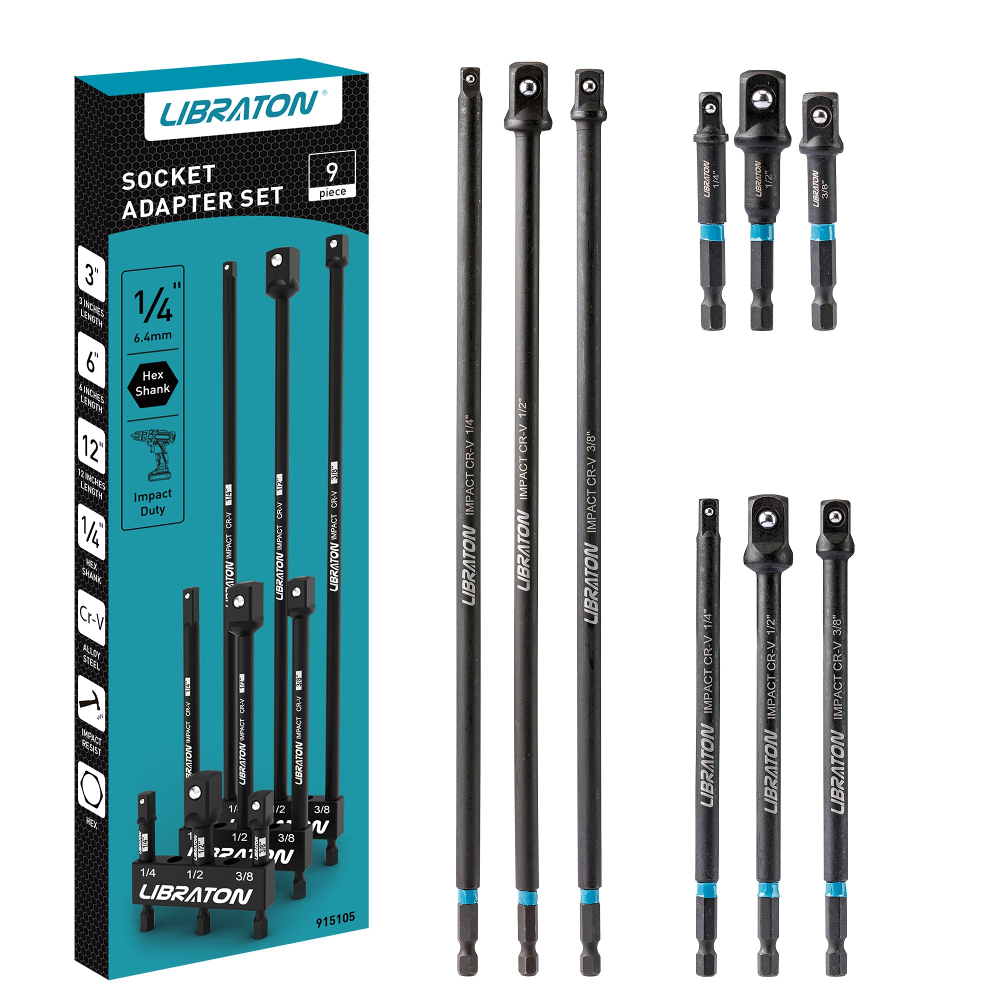Libraton Impact Grade Socket Adapter Set, 3" 6" 12", Drill Socket Adapter Extension