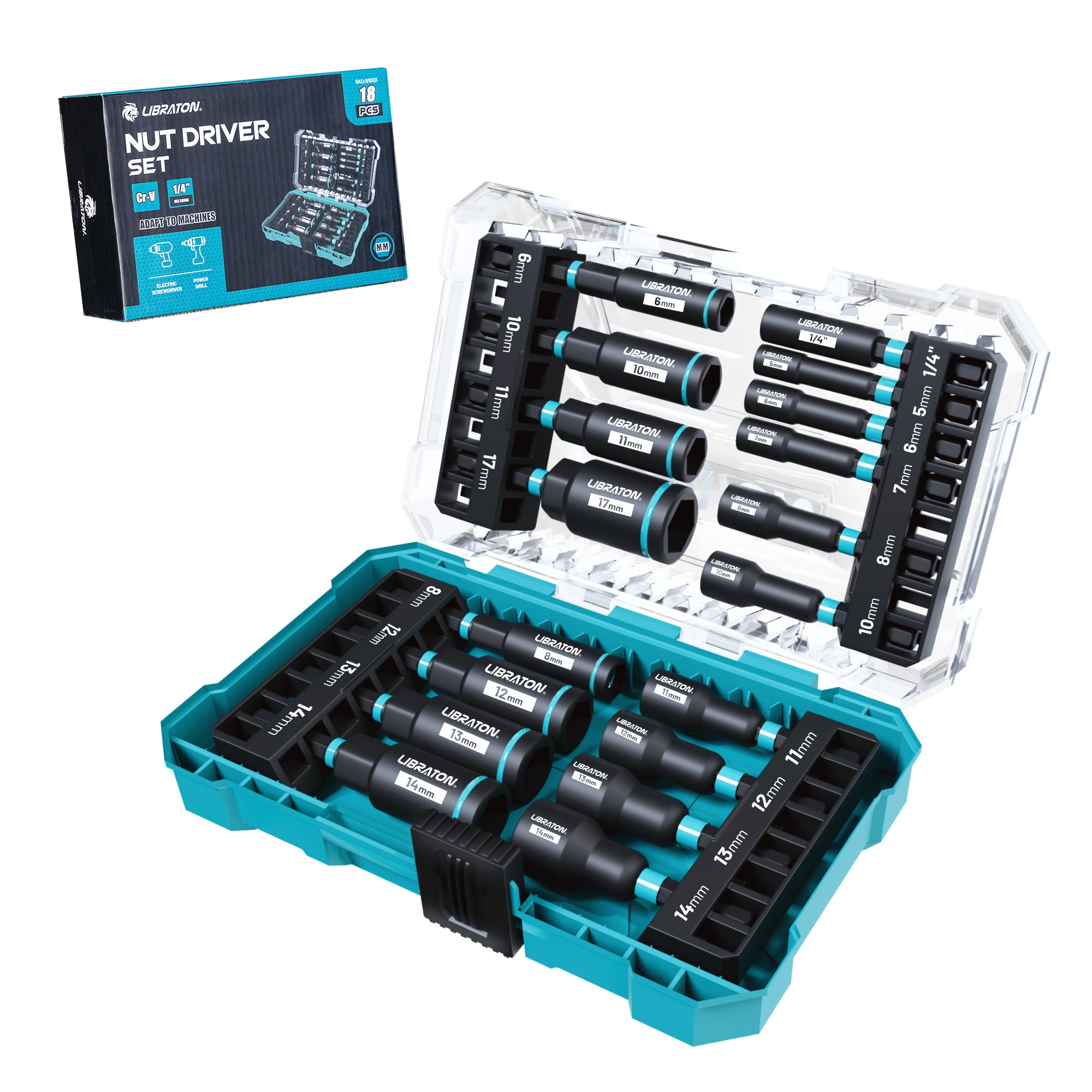 LIBRATON 16-Piece Magnetic Nut Driver Set, 1/4"-9/16" SAE&Metric, Car Repair Kit