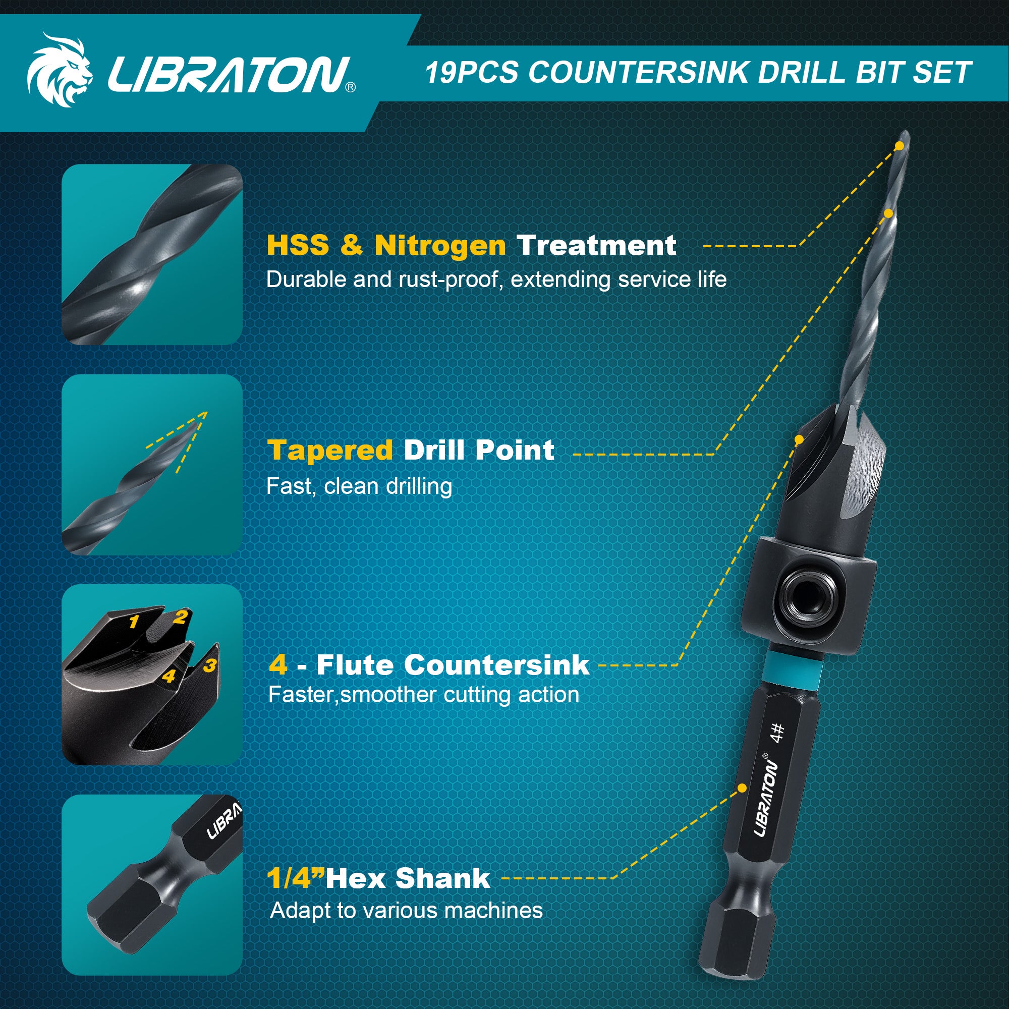Libraton 19PCS Tapered Countersink Drill Bit Set for Woodworking