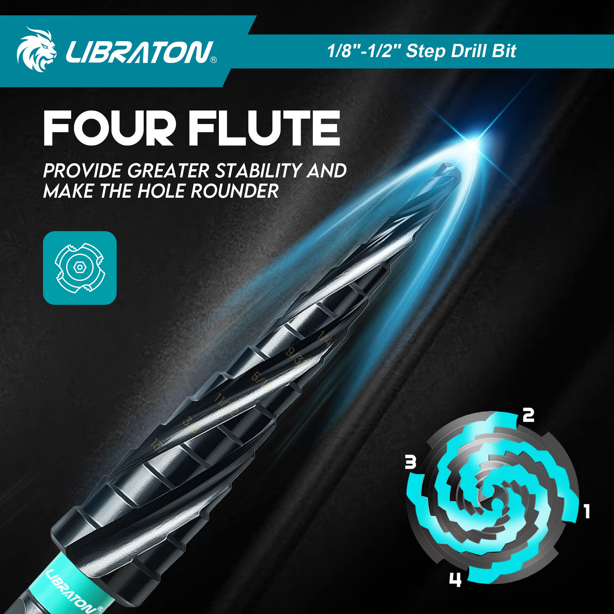 Libraton M35 Cobalt Step Drill Bit 1/8"-1/2", Four Spiral Flute Unibit
