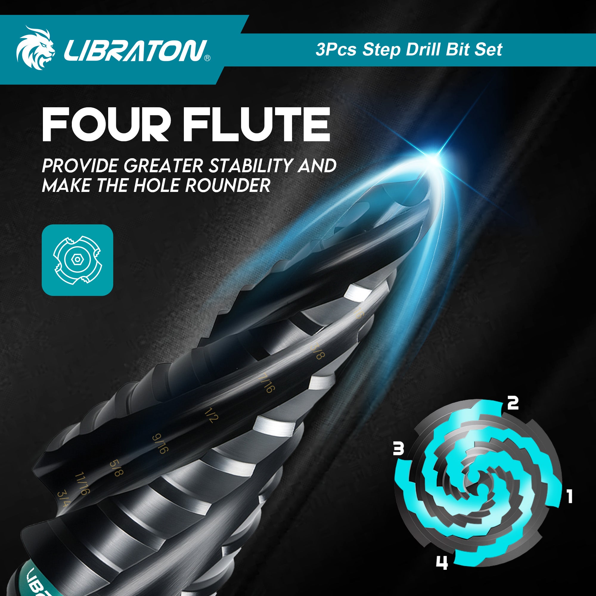 Libraton 3PCS M35 Cobalt Step Drill Bit Set with Four Spiral Flute, AlTiN Coated