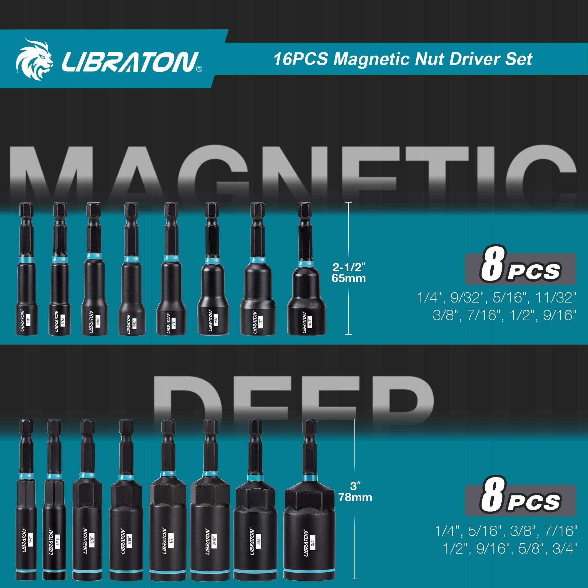LIBRATON 16-Piece Magnetic Nut Driver Set, 1/4"-9/16" SAE&Metric, Car Repair Kit