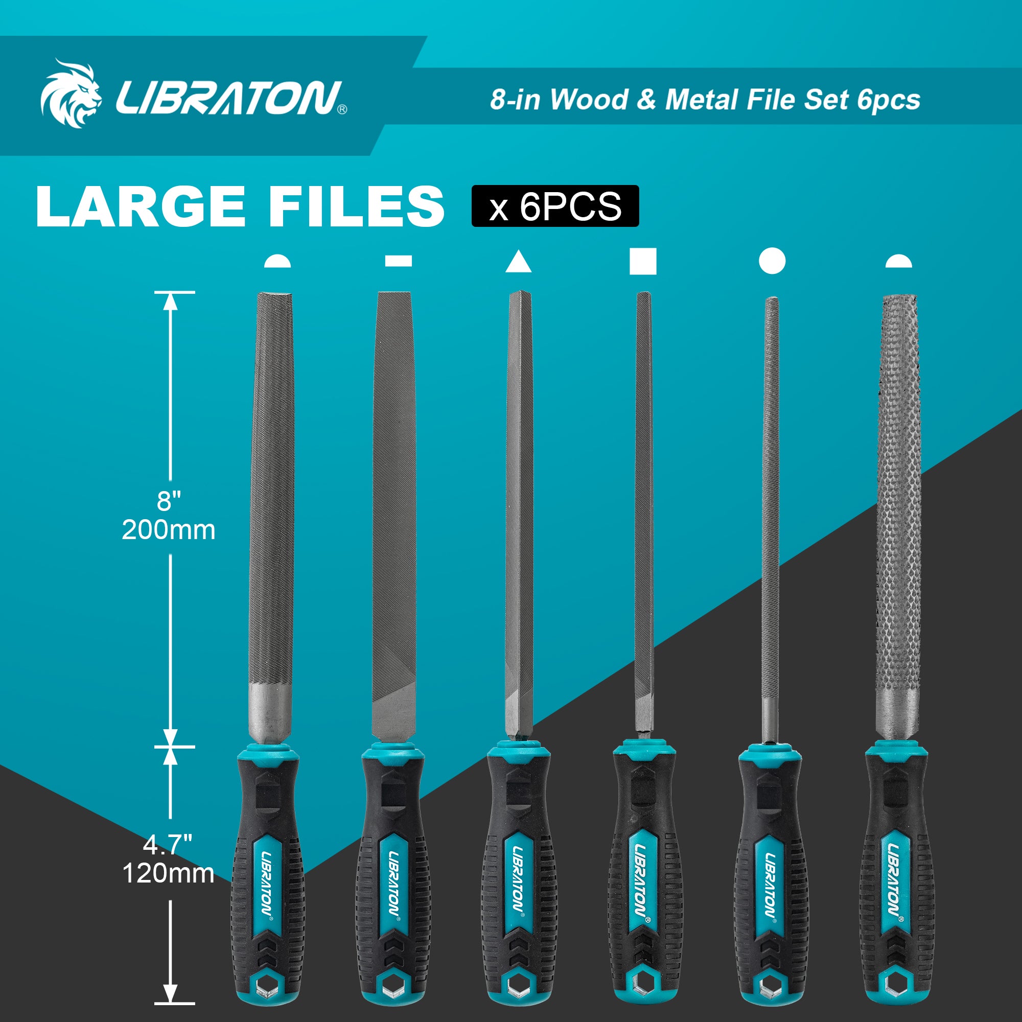 Libraton 8" High-Carbon Steel File Set, 6PCS (5 Metal Files & 1 Wood Rasp)