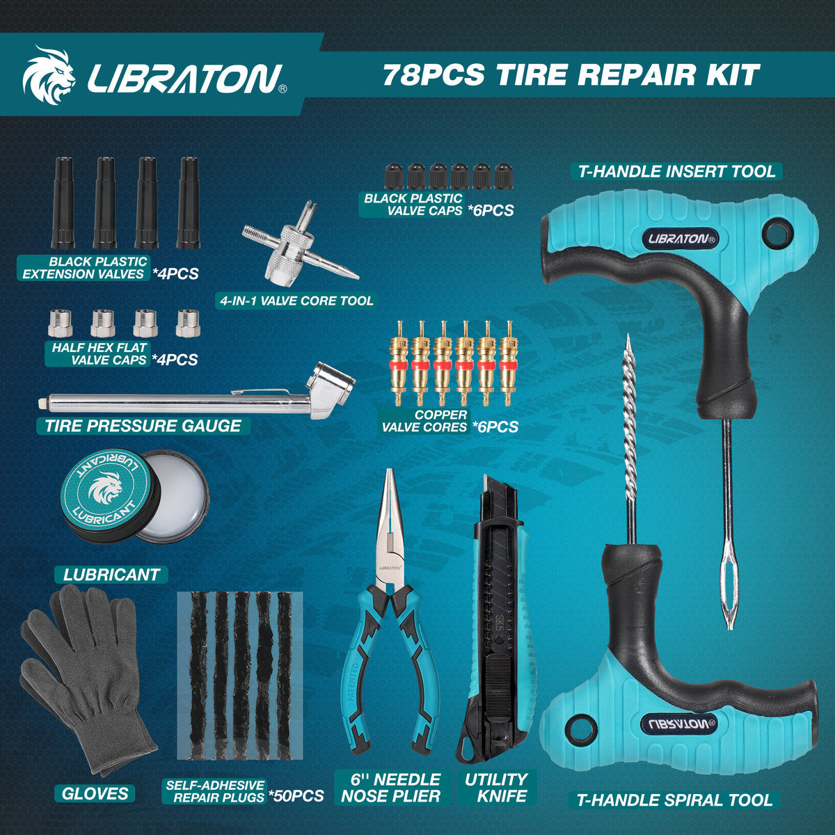 LIBRATON Tire Plug Kit, 78PCS Tire Repair Kit, Professional Tire Patch Kit