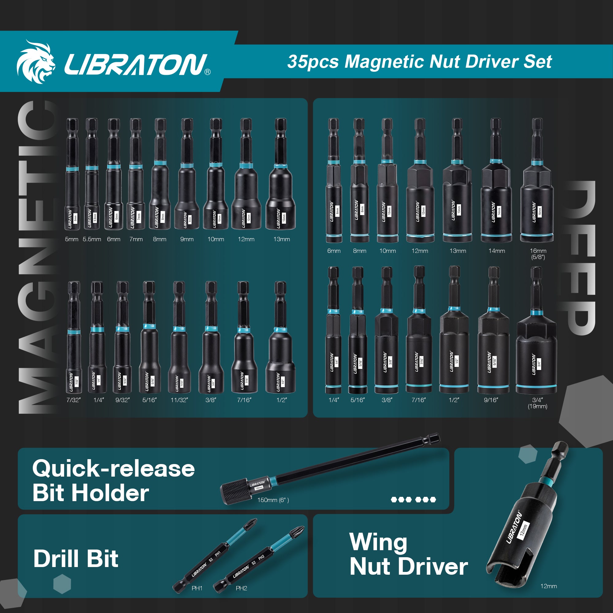 LIBRATON 35-Piece Magnetic Nut Driver Bit Set