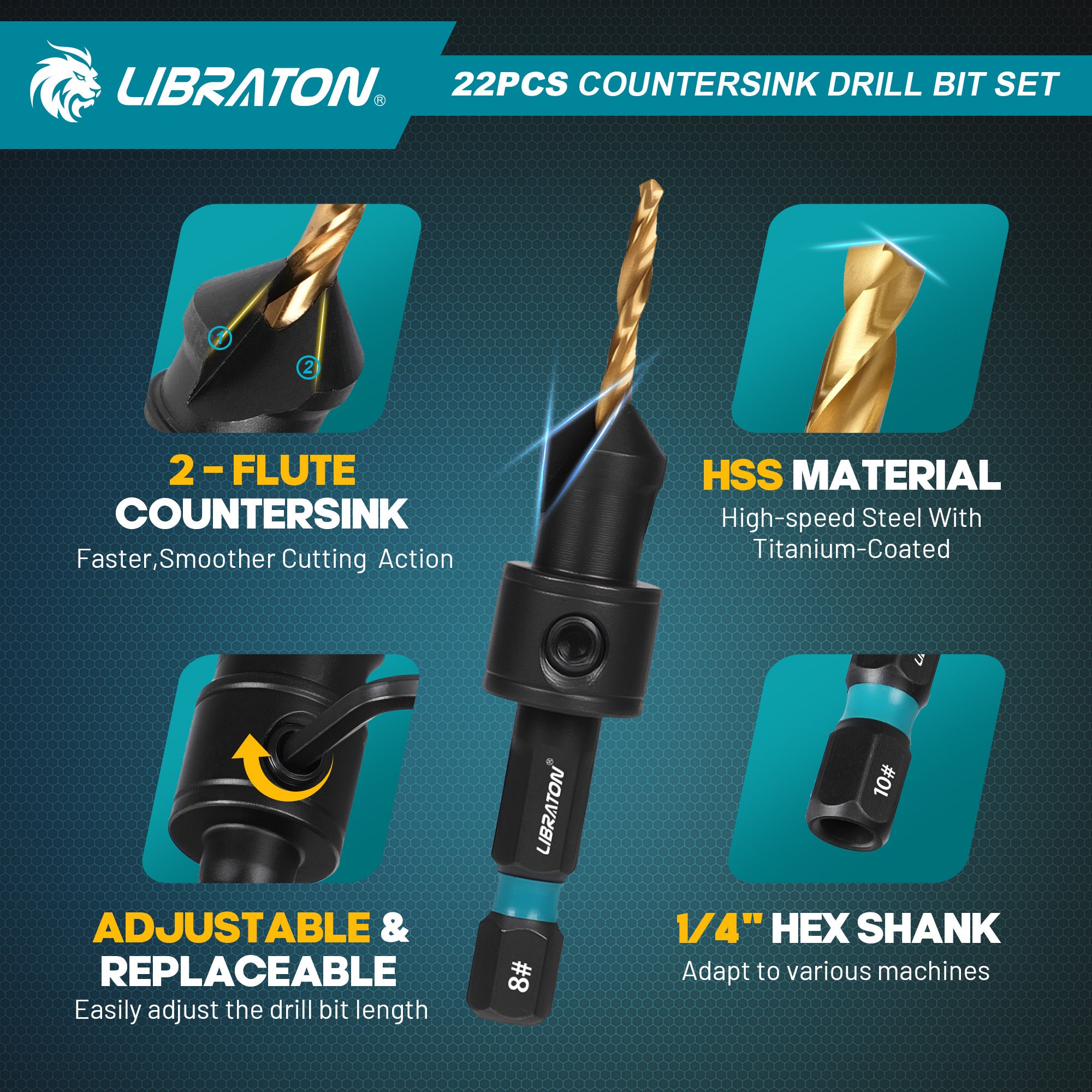 Libraton 22PCS Adjustable Countersink Drill Bit Set, #4 #6 #8 #10 #12