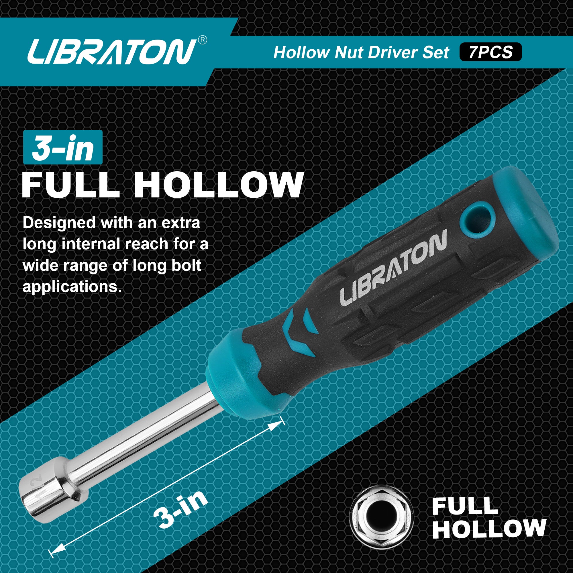 Libraton 7-Piece SAE Hollow Nut Driver Set – 3" Full-Hollow, Magnetic, 3/16"–1/2"