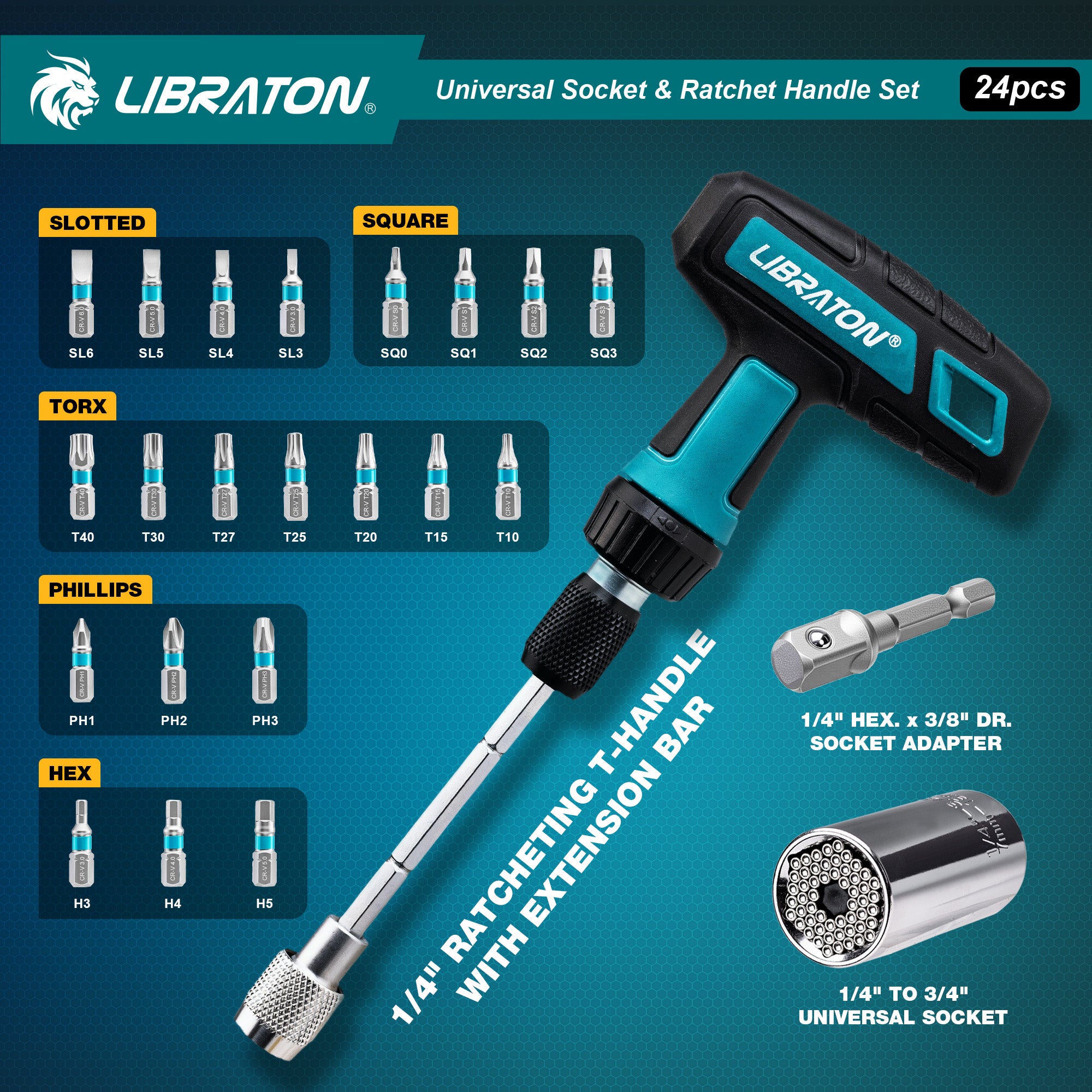 Libraton 24PCS Universal Socket & Ratchet T-Handle Master Set - Product Description