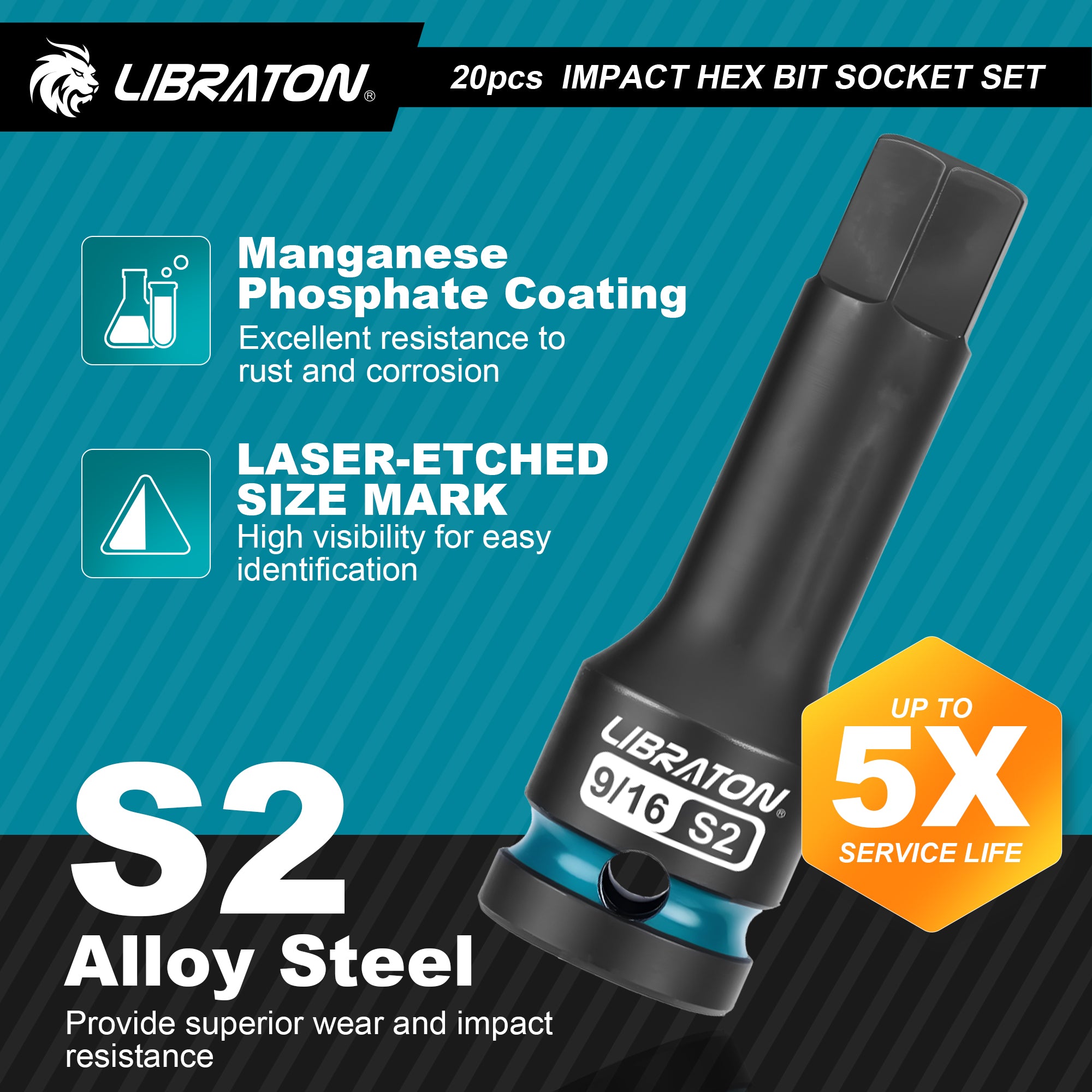 Libraton 20PCS 1/2" Drive Impact Hex Bit Socket Set, S2 Steel, Metric & SAE
