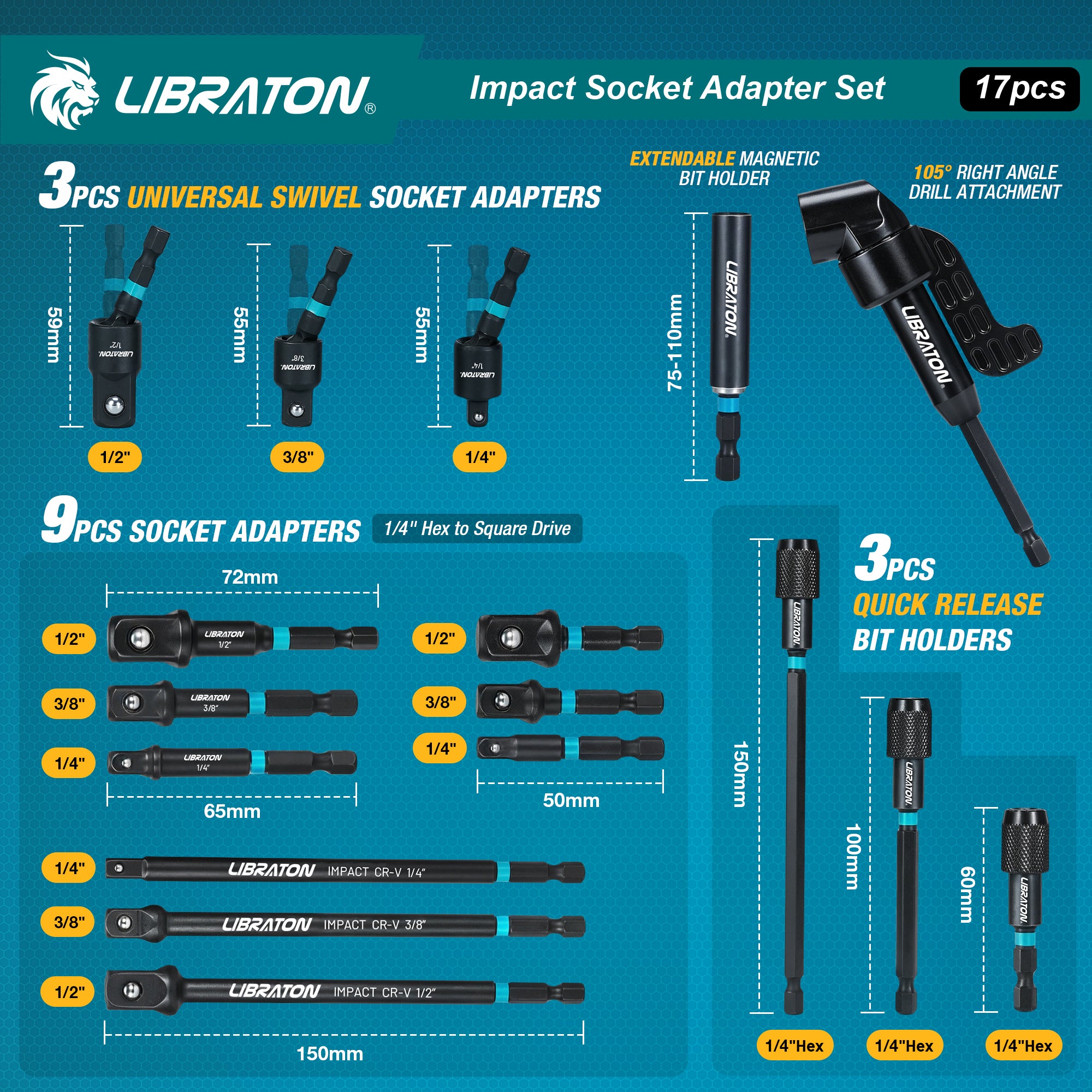 LIBRATON 17PCS Impact Socket Adapter Set | 1/4", 3/8", 1/2" Drive Adapters with Quick Release Holder & Extension Accessories