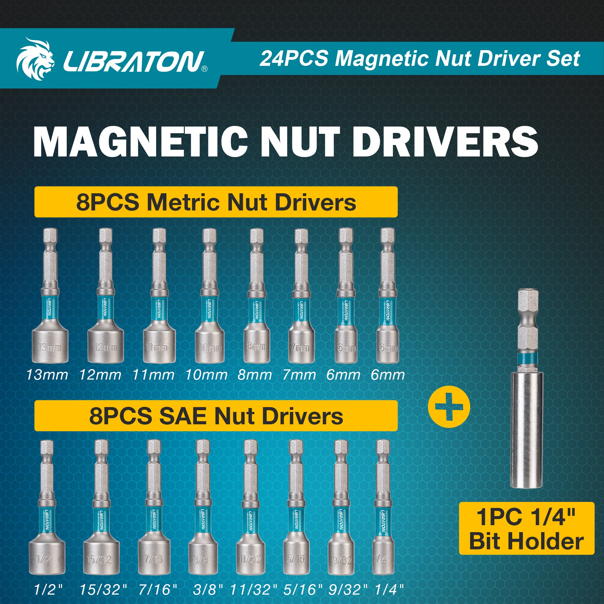 LIBRATON 24-PC Magnetic Nut Driver Set – SAE & Metric, 1/4" Hex, Impact-Rated