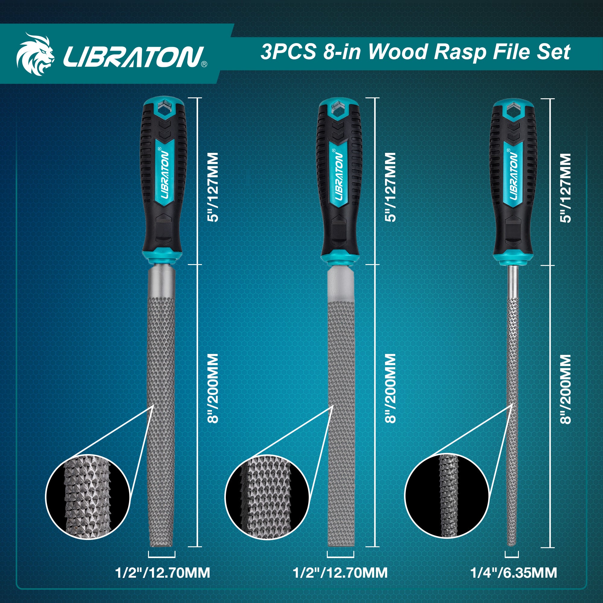 Libraton 3PCS Woodworking Rasp Kit: Flat, Round, Half-Round