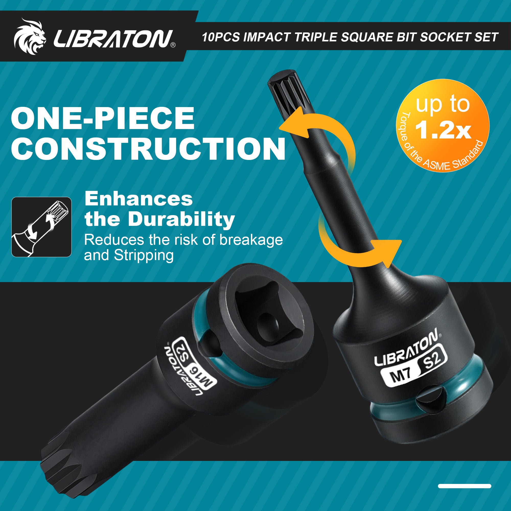 Libraton 10PCS 1/2" Drive Impact XZN Triple Square Bit Socket Set, S2 Steel