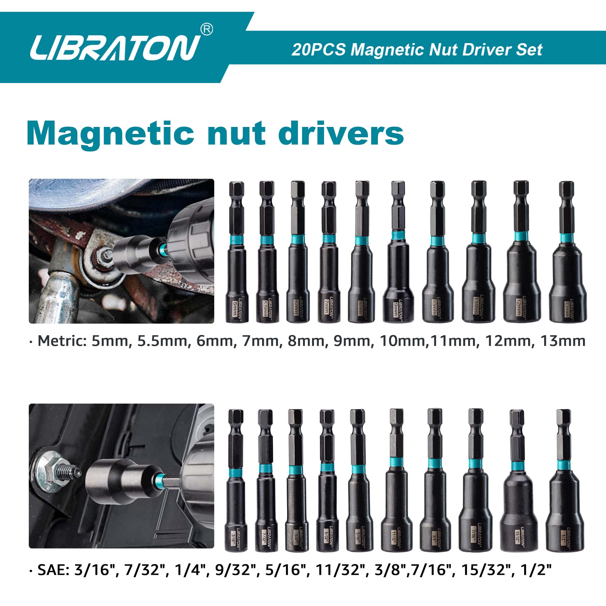 Libraton 20PCS Magnetic Nut Driver Set, Impact Grade Metric & SAE Bit Set