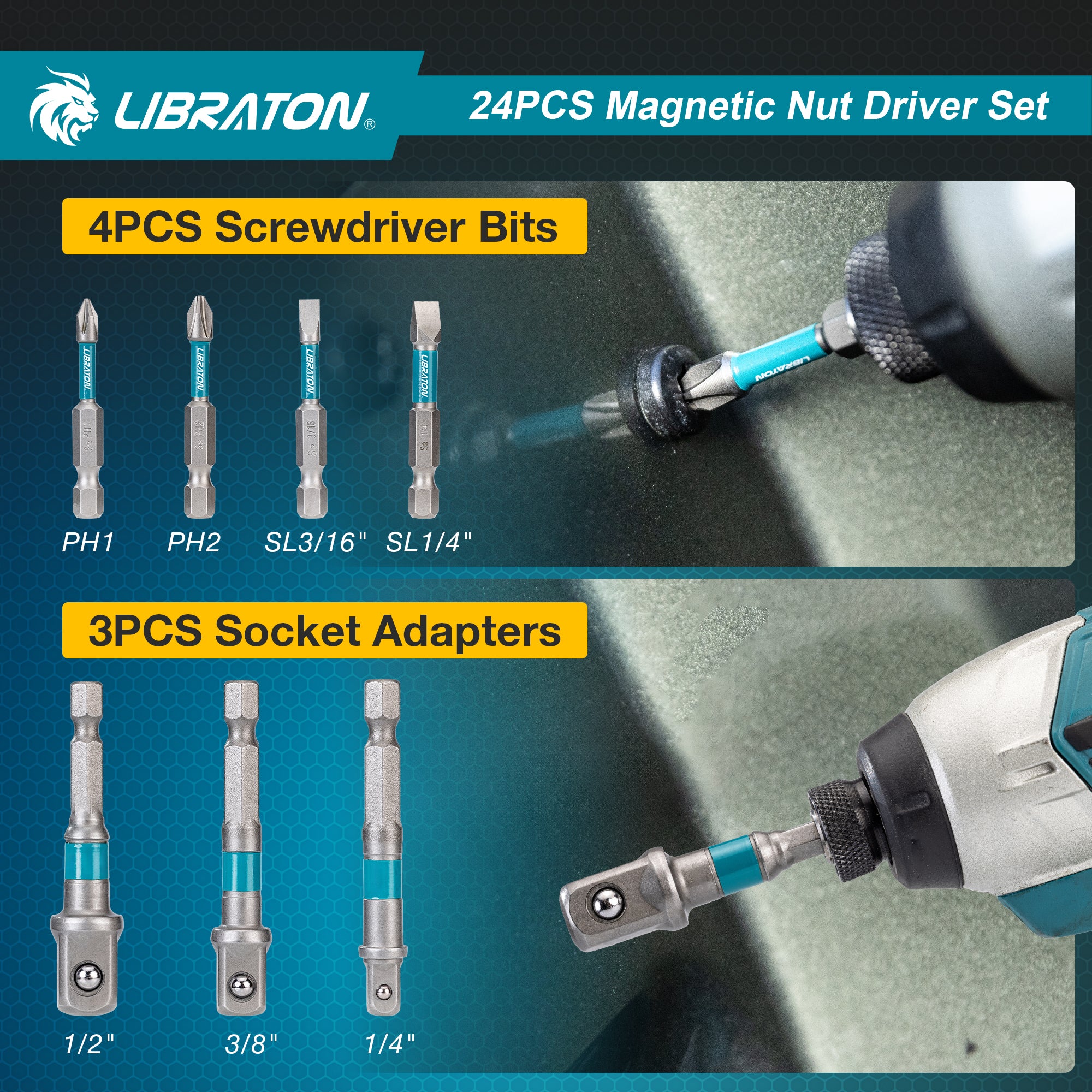 LIBRATON 24-PC Magnetic Nut Driver Set – SAE & Metric, 1/4" Hex, Impact-Rated