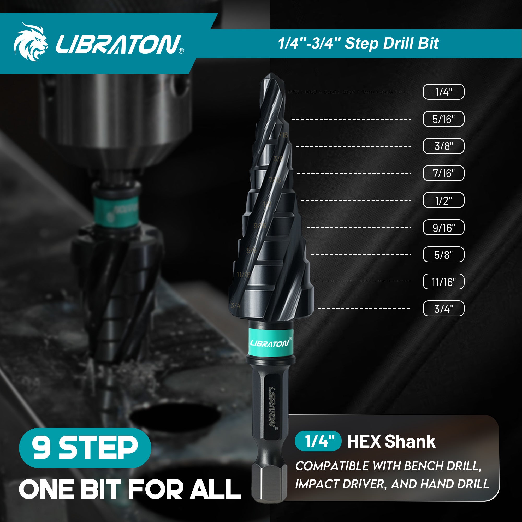 Libraton M35 Broca escalonada de cobalto de 1/4"-3/4", Unibit de cuatro flautas en espiral