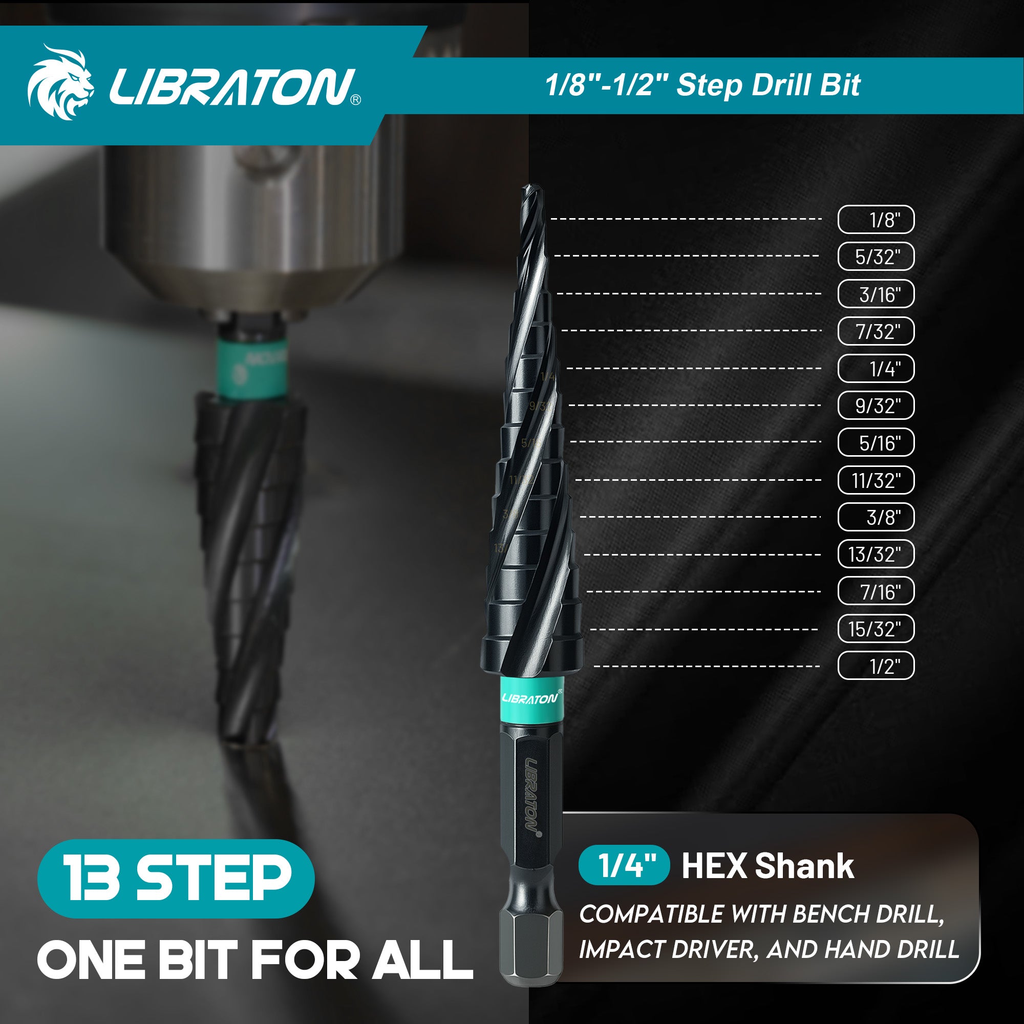 Libraton M35 Broca escalonada de cobalto de 1/8"-1/2", Unibit de cuatro estrías en espiral