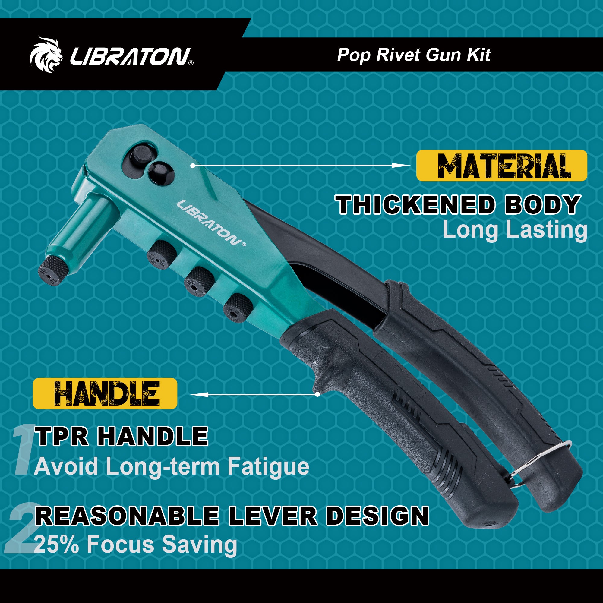 LIBRATON Rivet Gun Set, Pop Rivet Gun, Heavy Duty Rivet Tool, Professional Hand Riveter, Manual Riveting Tool with 120 Blind Rivets, 4 HSS Drill Bits, 4 Tool-free Interchangeable Heads