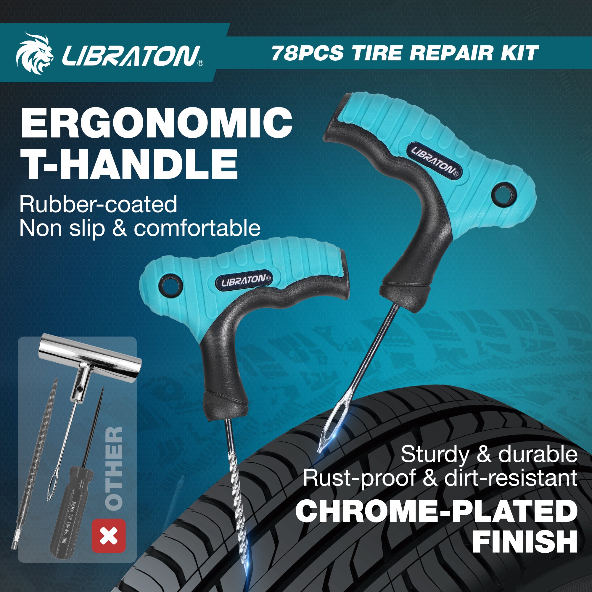 LIBRATON Tire Plug Kit, 78PCS Tire Repair Kit, Professional Tire Patch Kit