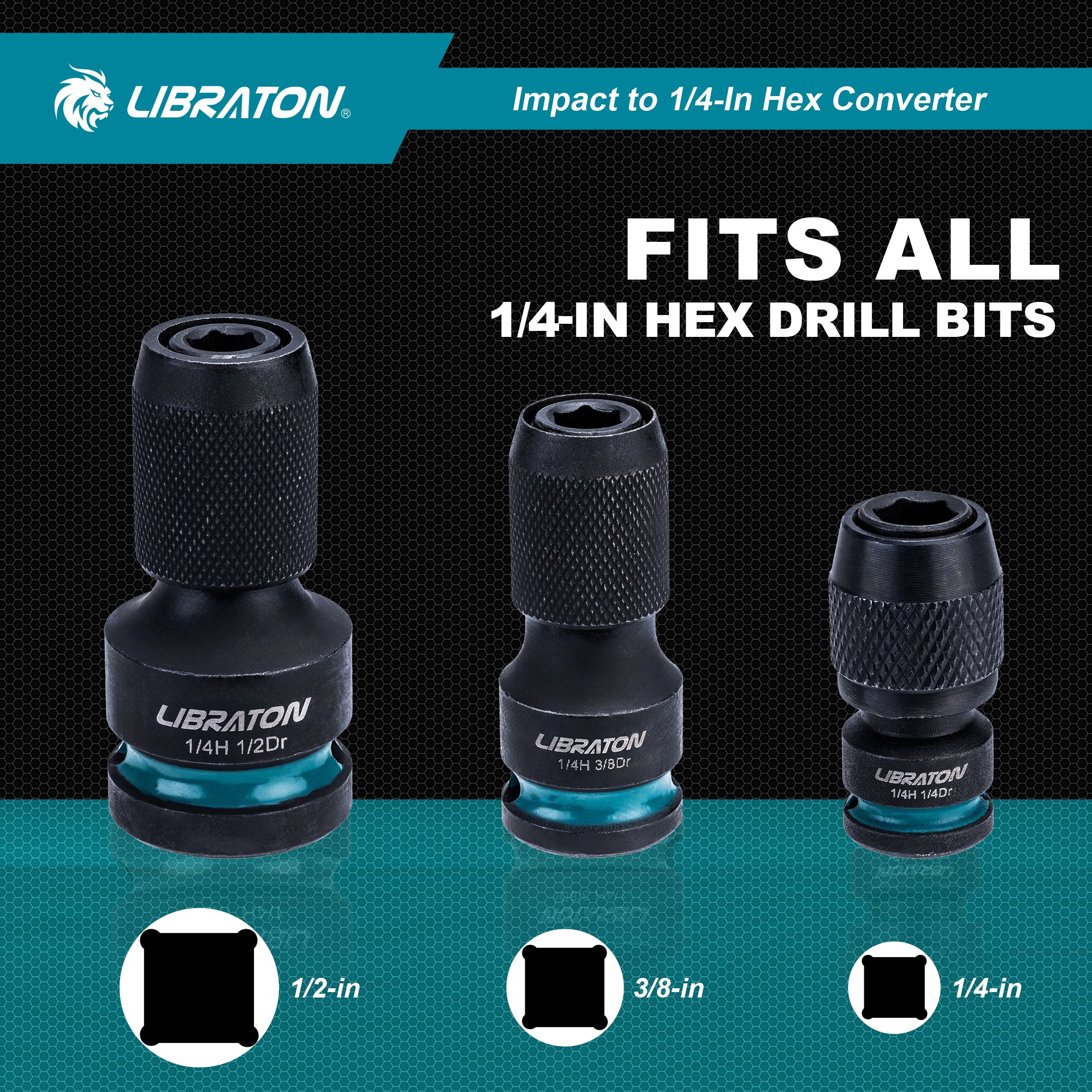 LIBRATON Impact Socket to 1/4" Hex Adapter Set – 1/2", 3/8", 1/4" Drive Converters