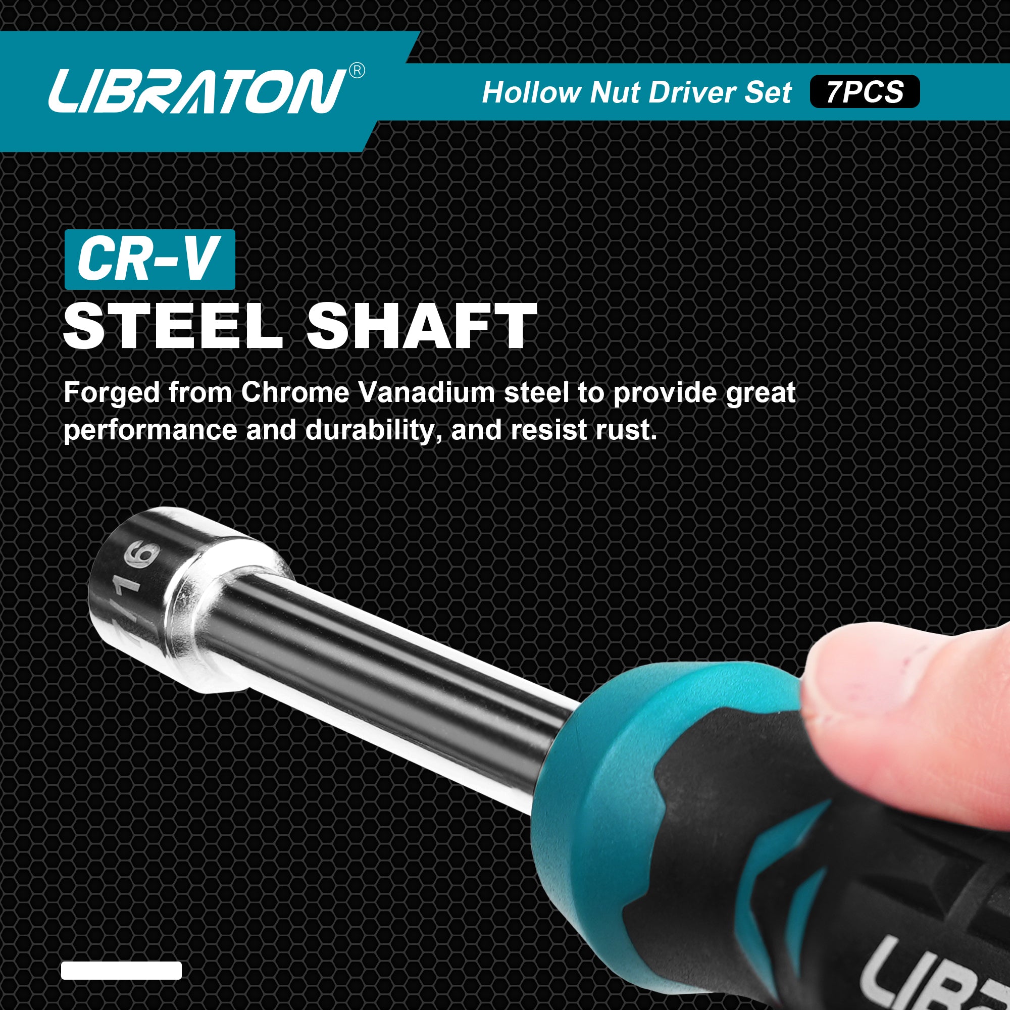 Libraton 7-Piece SAE Hollow Nut Driver Set – 3" Full-Hollow, Magnetic, 3/16"–1/2"