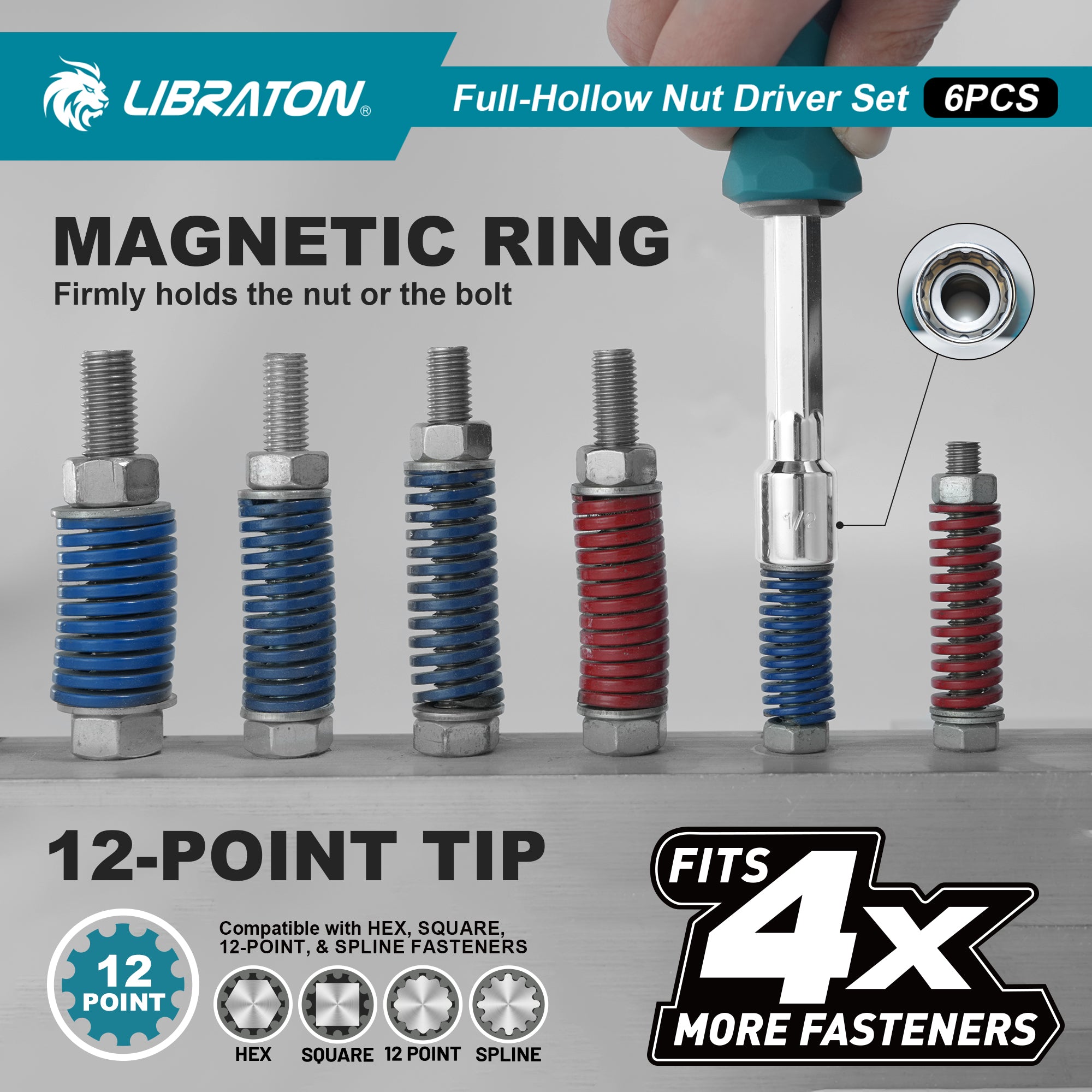 LIBRATON 6-Pc SAE Full-Hollow Nut Drivers – 12-Point Magnetic, 1/4" to 1/2" (6 Sizes), Long-Bolt Ready