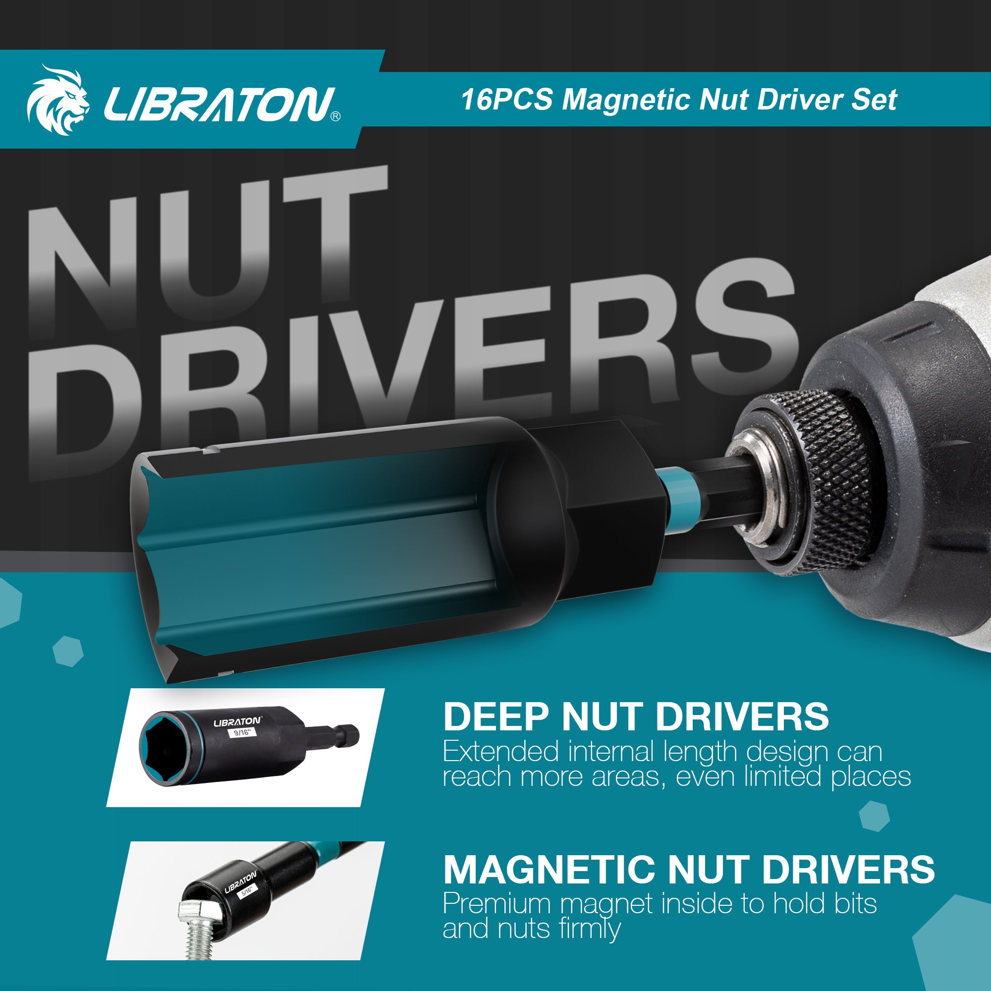 LIBRATON 16-Piece Magnetic Nut Driver Set, 1/4"-9/16" SAE&Metric, Car Repair Kit