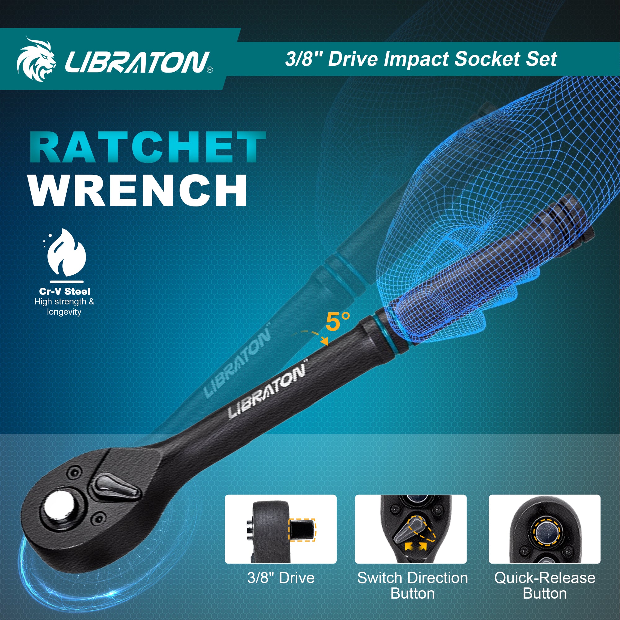 Libraton 90PCS 3/8" Drive Master Impact Socket & Ratchet Set - Product Description