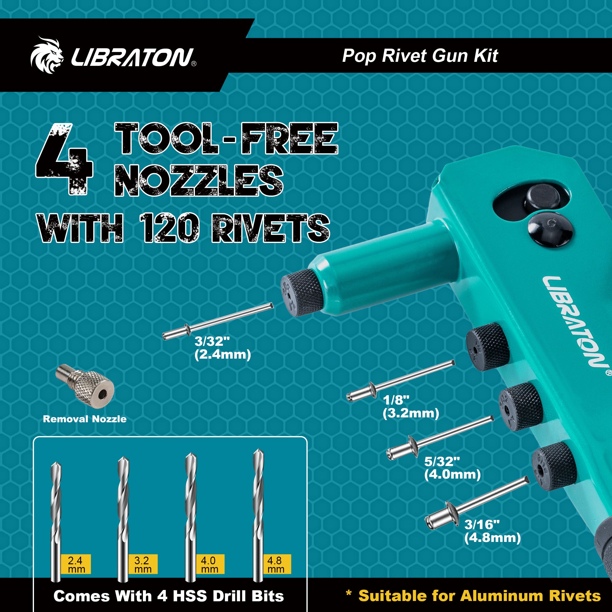 LIBRATON Rivet Gun Set, Pop Rivet Gun, Heavy Duty Rivet Tool, Professional Hand Riveter, Manual Riveting Tool with 120 Blind Rivets, 4 HSS Drill Bits, 4 Tool-free Interchangeable Heads