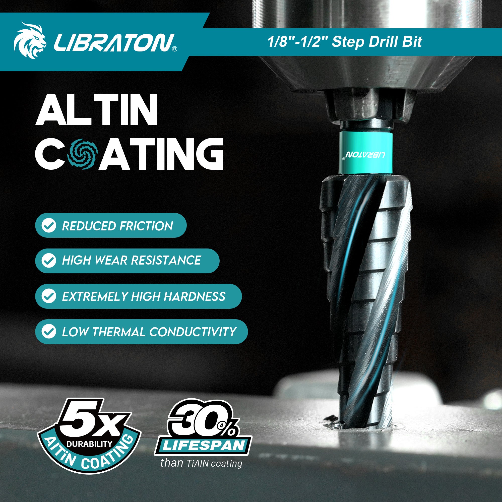 Libraton M35 Broca escalonada de cobalto de 1/8"-1/2", Unibit de cuatro estrías en espiral