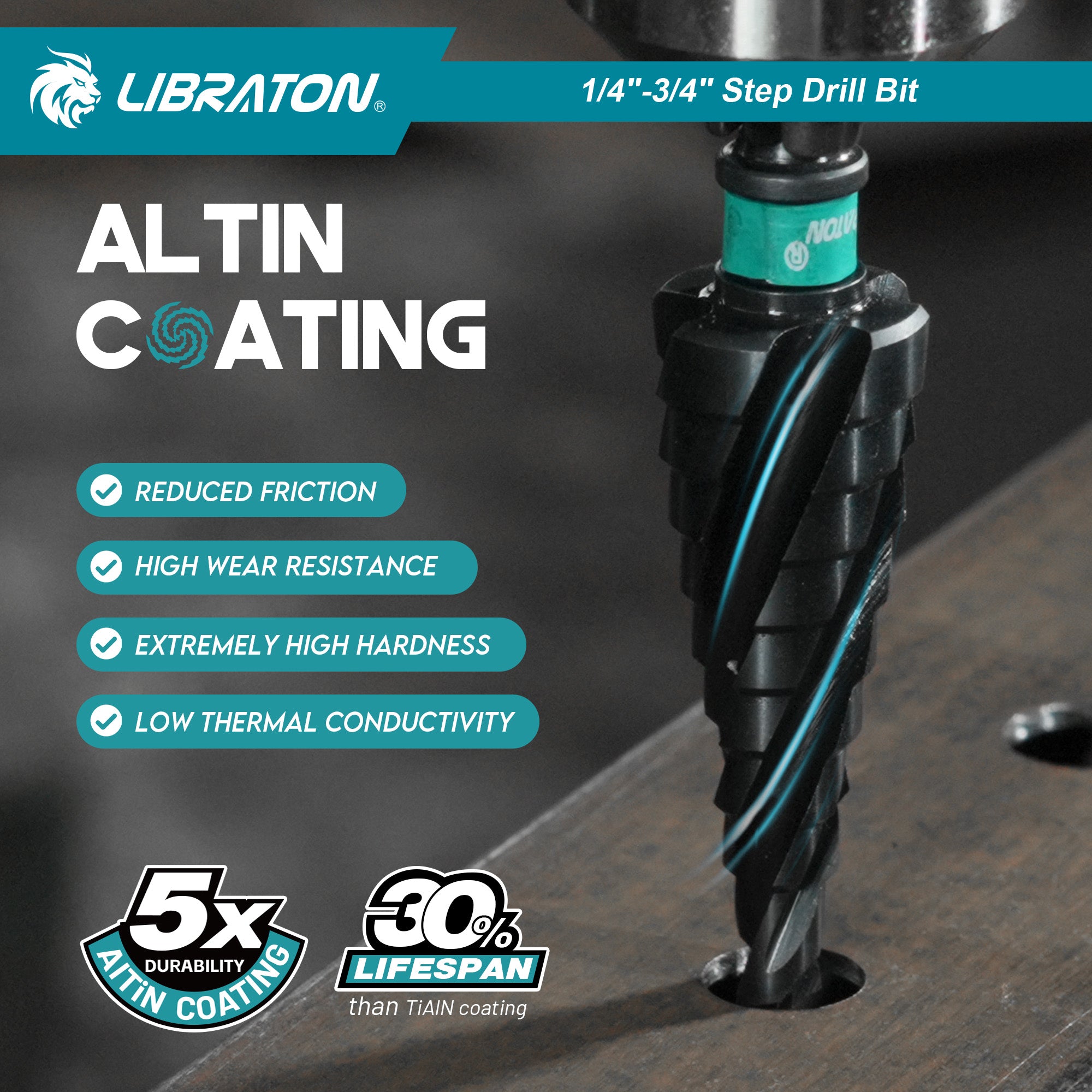 Libraton M35 Broca escalonada de cobalto de 1/4"-3/4", Unibit de cuatro flautas en espiral