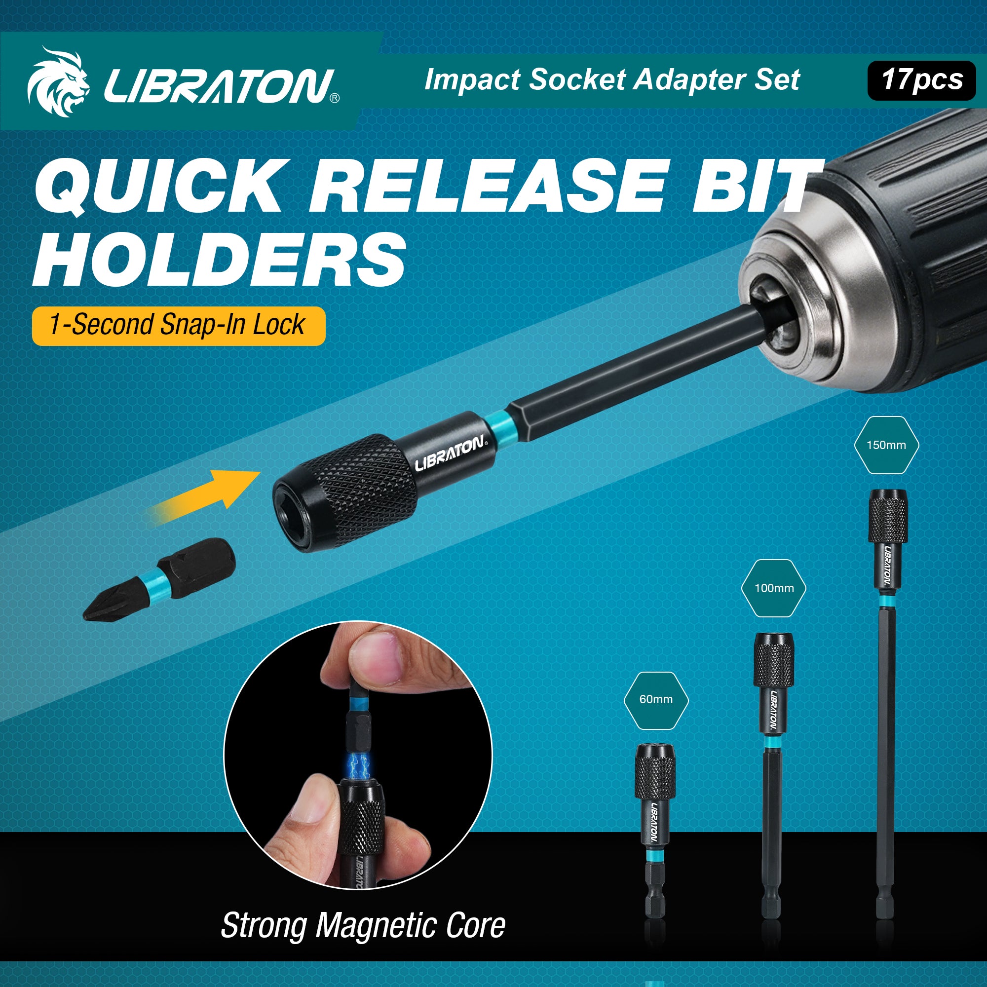 LIBRATON 17PCS Impact Socket Adapter Set | 1/4", 3/8", 1/2" Drive Adapters with Quick Release Holder & Extension Accessories