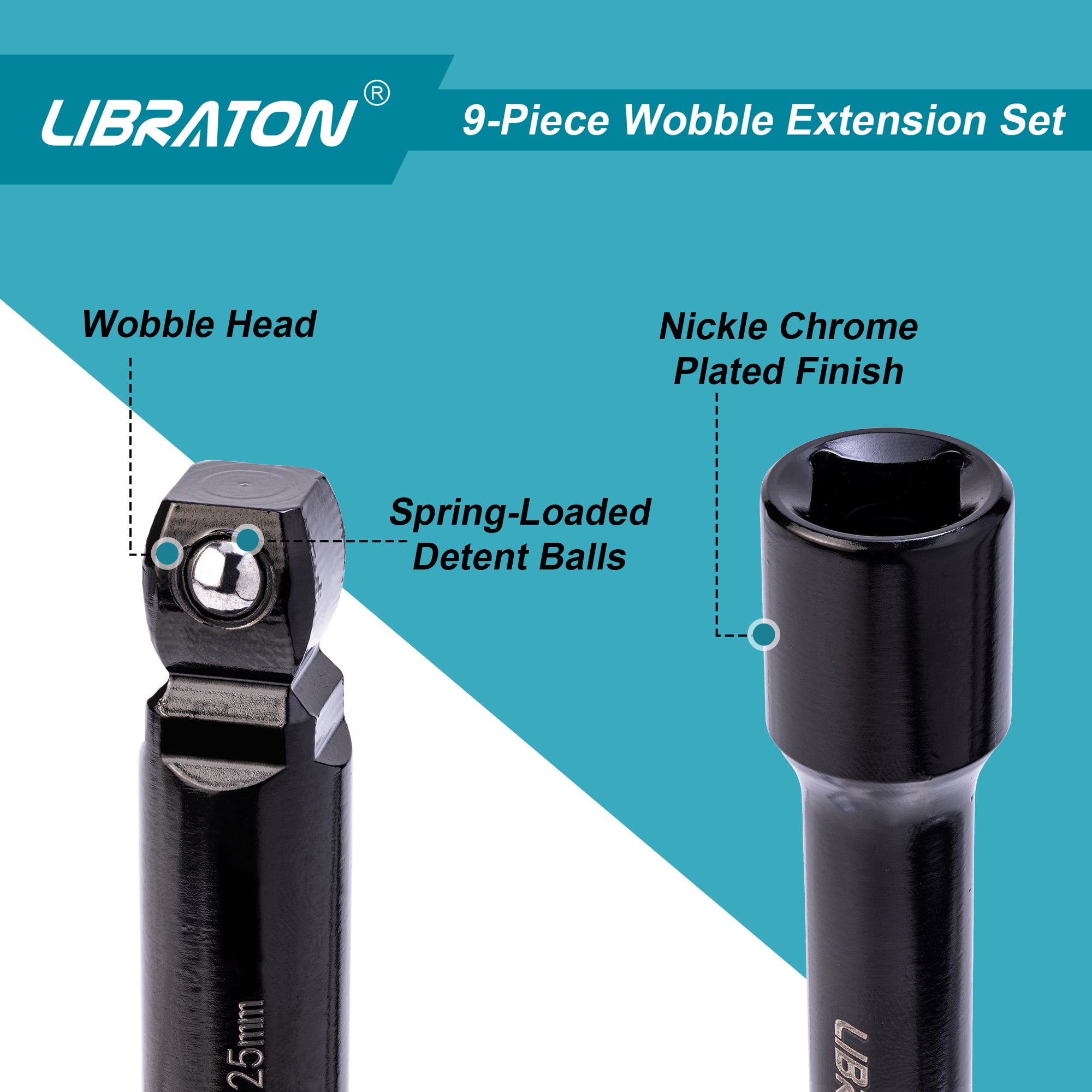Libraton 9PCS Wobble Extension Set, 1/4" 3/8" 1/2" Drive Socket Extensions