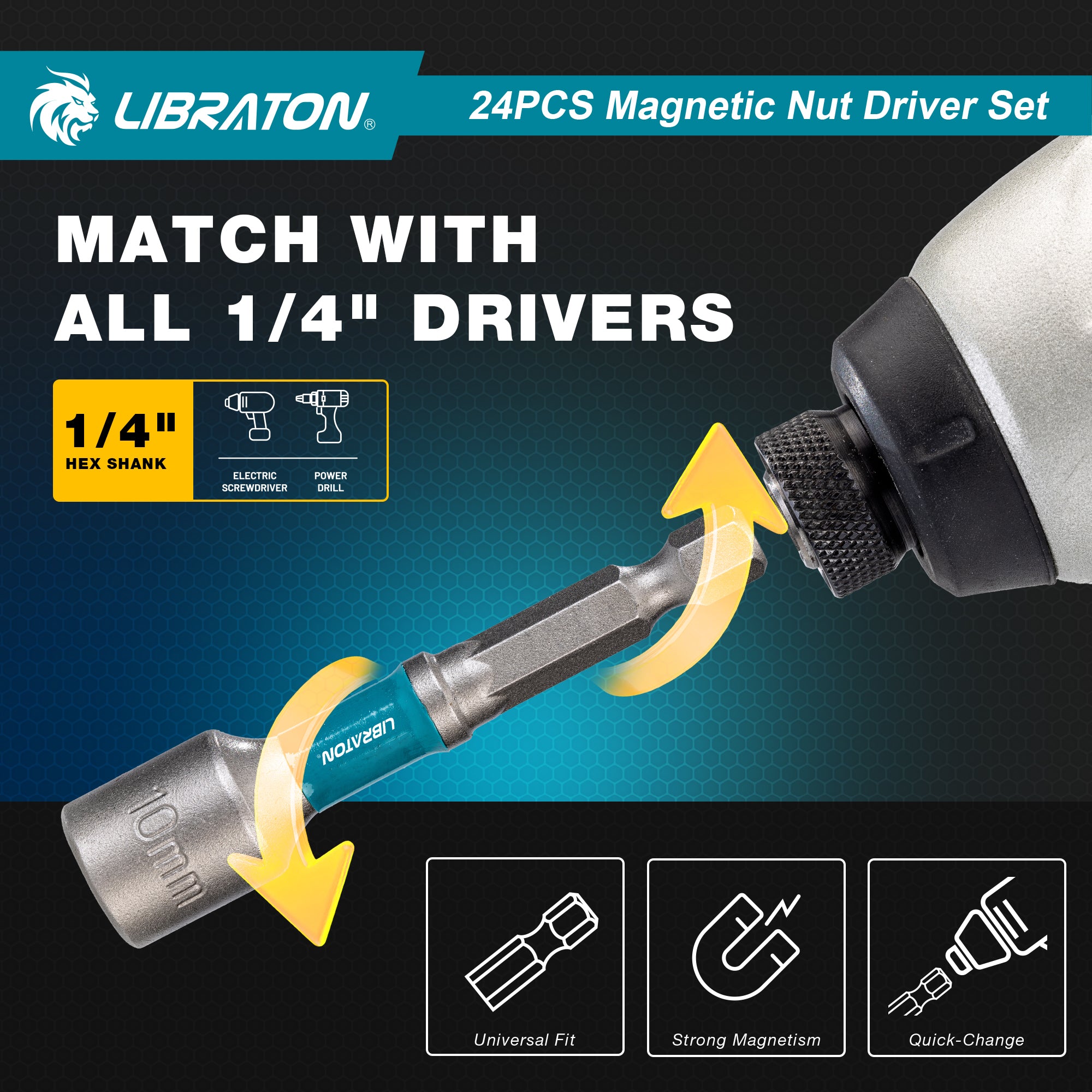 LIBRATON 24-PC Magnetic Nut Driver Set – SAE & Metric, 1/4" Hex, Impact-Rated