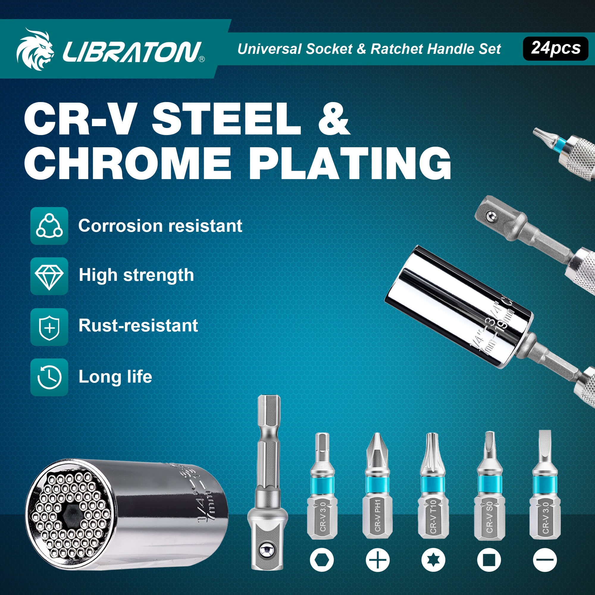 Libraton 24PCS Universal Socket & Ratchet T-Handle Master Set - Product Description