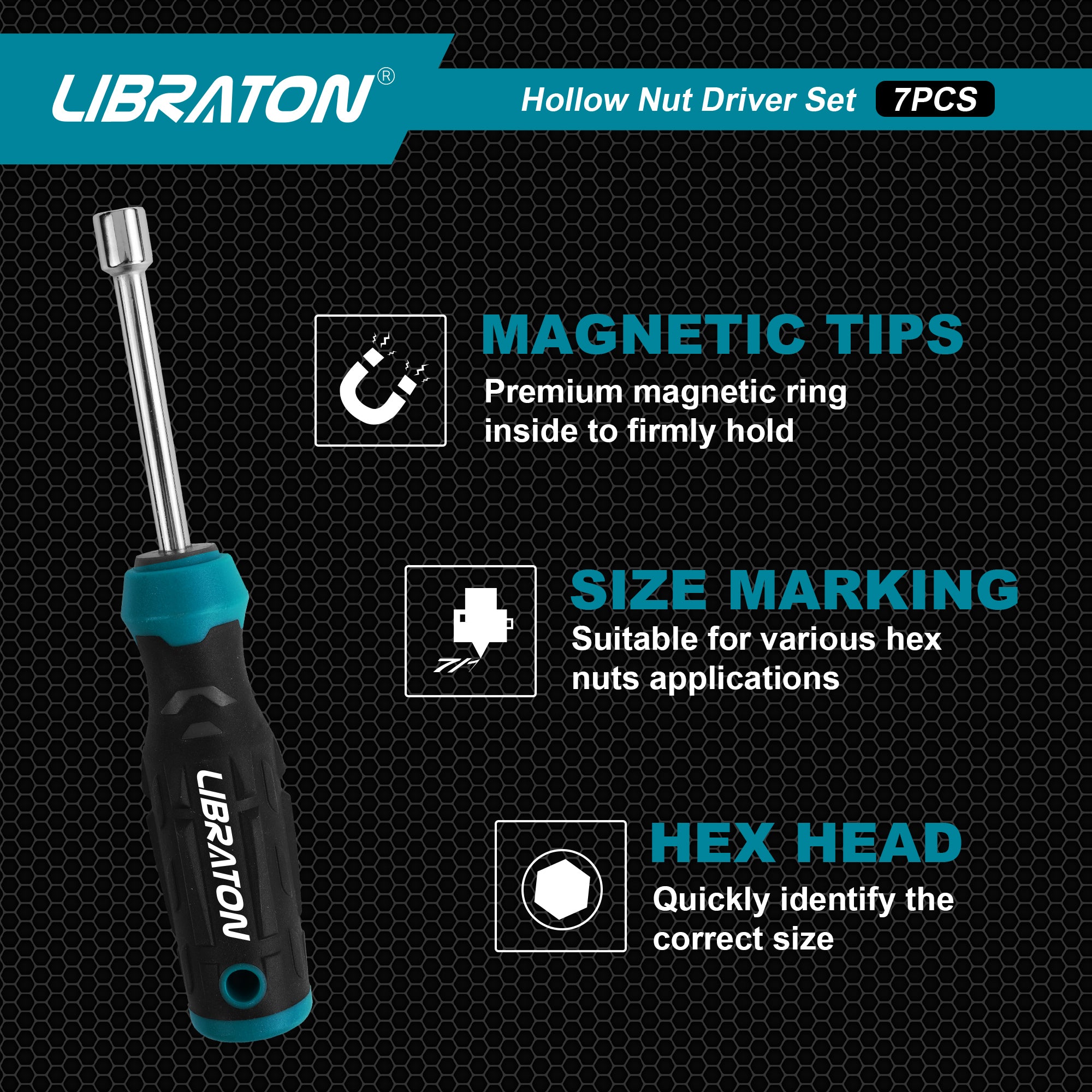 Libraton 7-Piece SAE Hollow Nut Driver Set – 3" Full-Hollow, Magnetic, 3/16"–1/2"