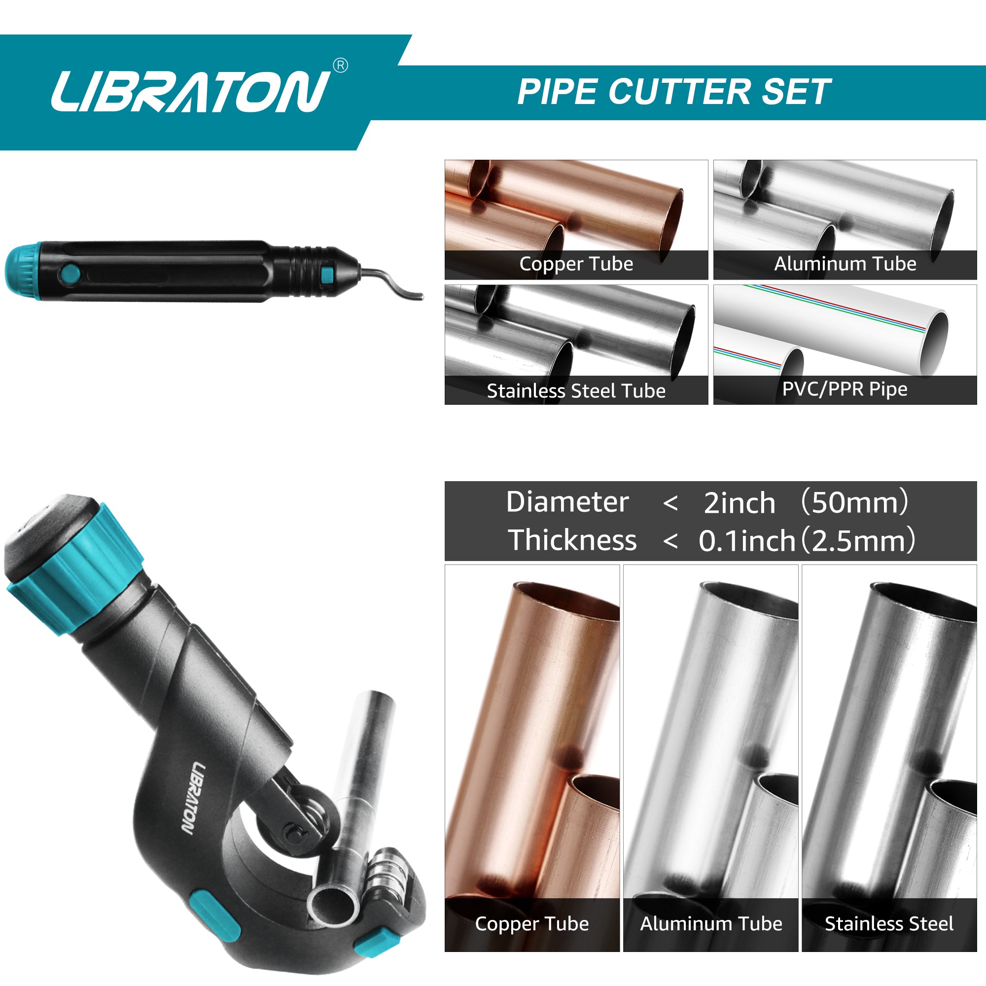 Libraton Pipe Cutter – 3/16"–2", Copper & Thin Steel, with Deburrer
