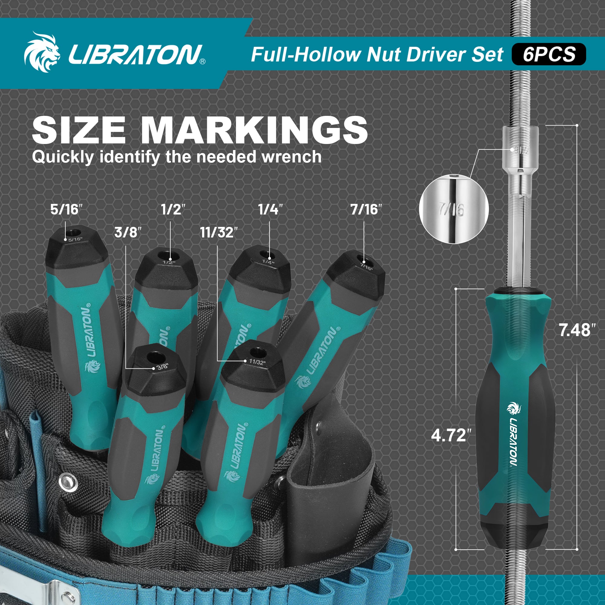 LIBRATON 6-Pc SAE Full-Hollow Nut Drivers – 12-Point Magnetic, 1/4" to 1/2" (6 Sizes), Long-Bolt Ready