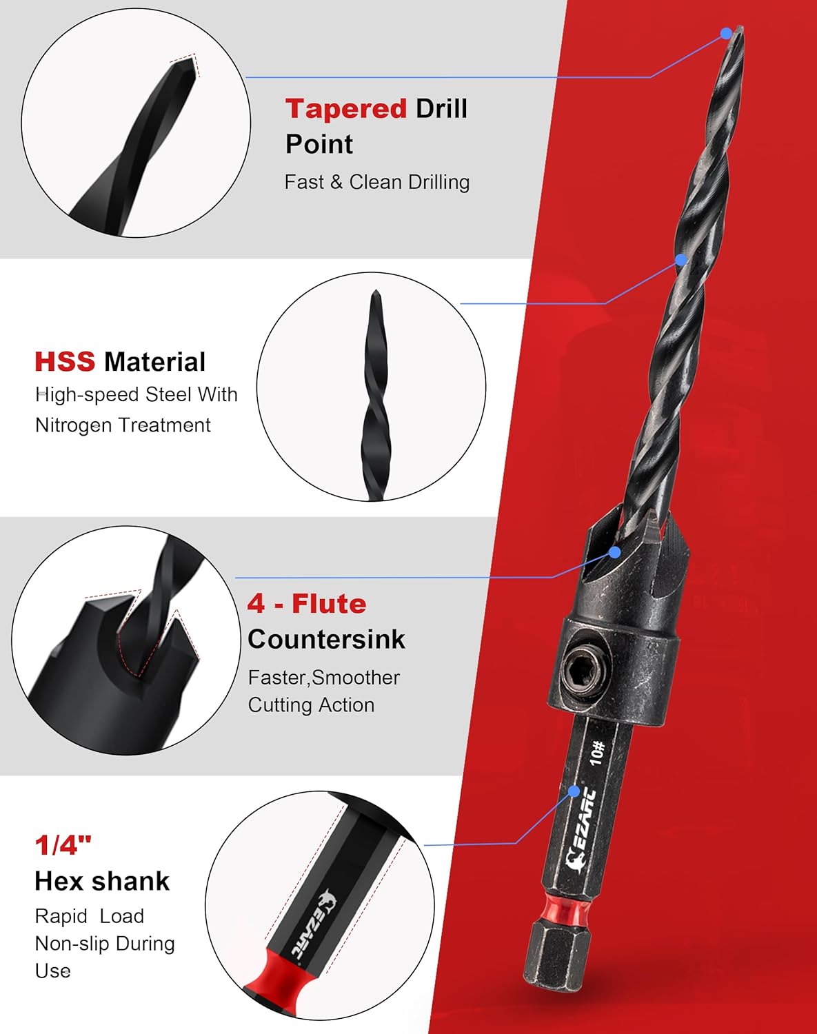 5PCS Wood Countersink Drill Bit Set With 1/4'' Hex Shank