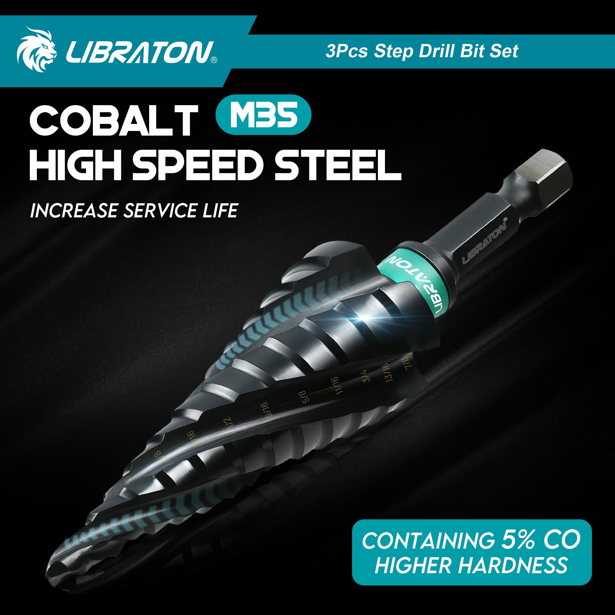 Juego de brocas escalonadas de cobalto M35 de 3 piezas Libraton con cuatro flautas en espiral, recubrimiento AlTiN