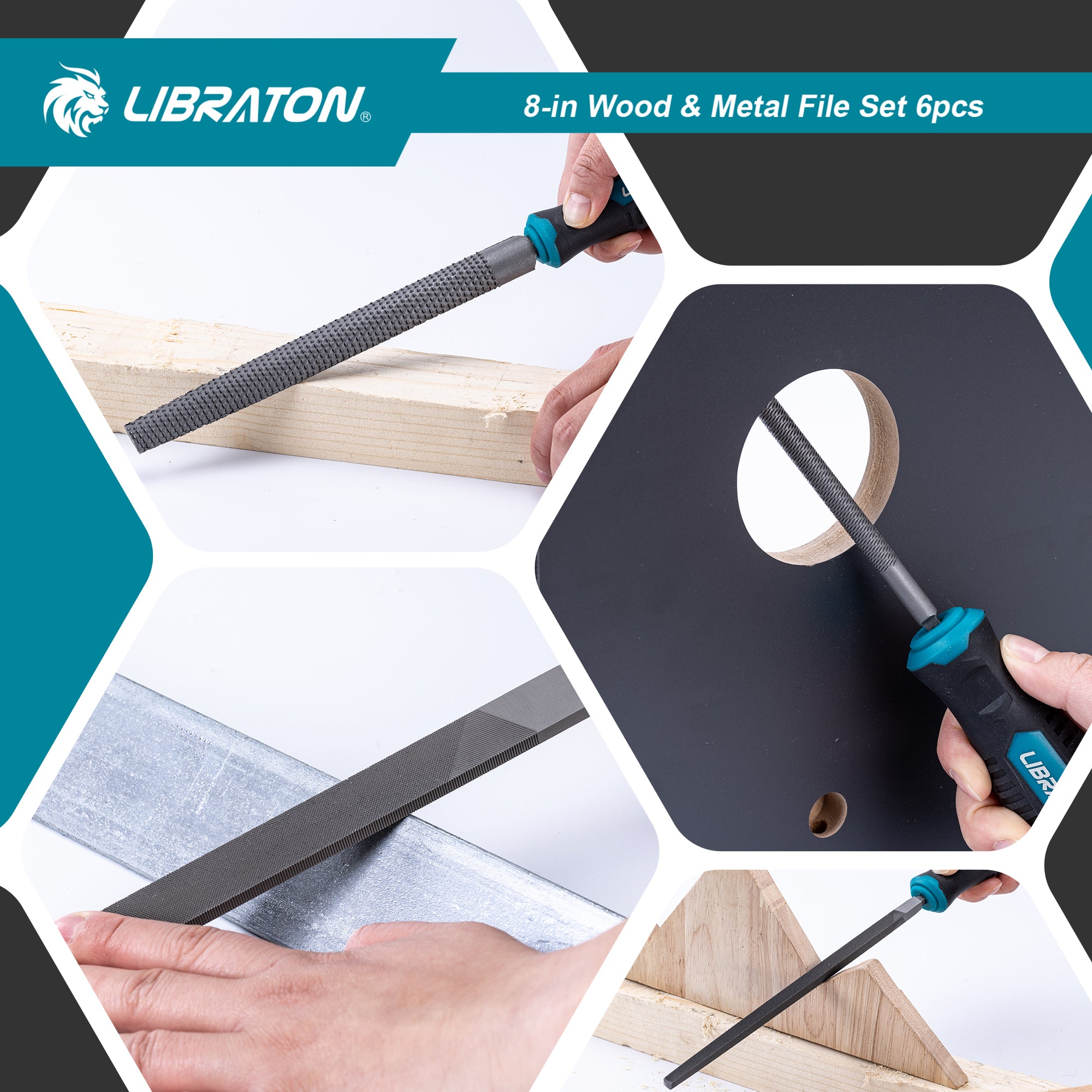 Libraton 8" High-Carbon Steel File Set, 6PCS (5 Metal Files & 1 Wood Rasp)