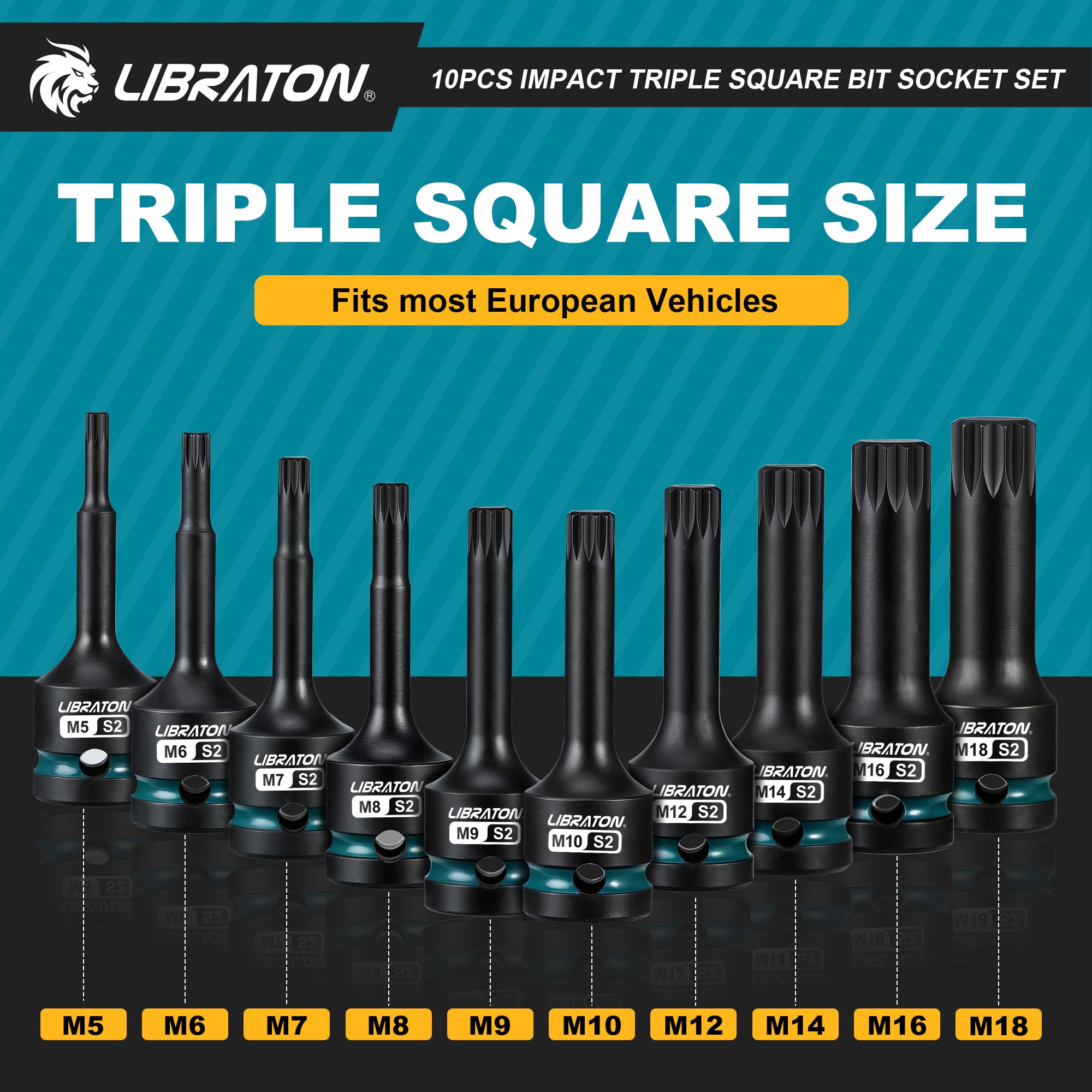 Libraton 10PCS 1/2" Drive Impact XZN Triple Square Bit Socket Set, S2 Steel