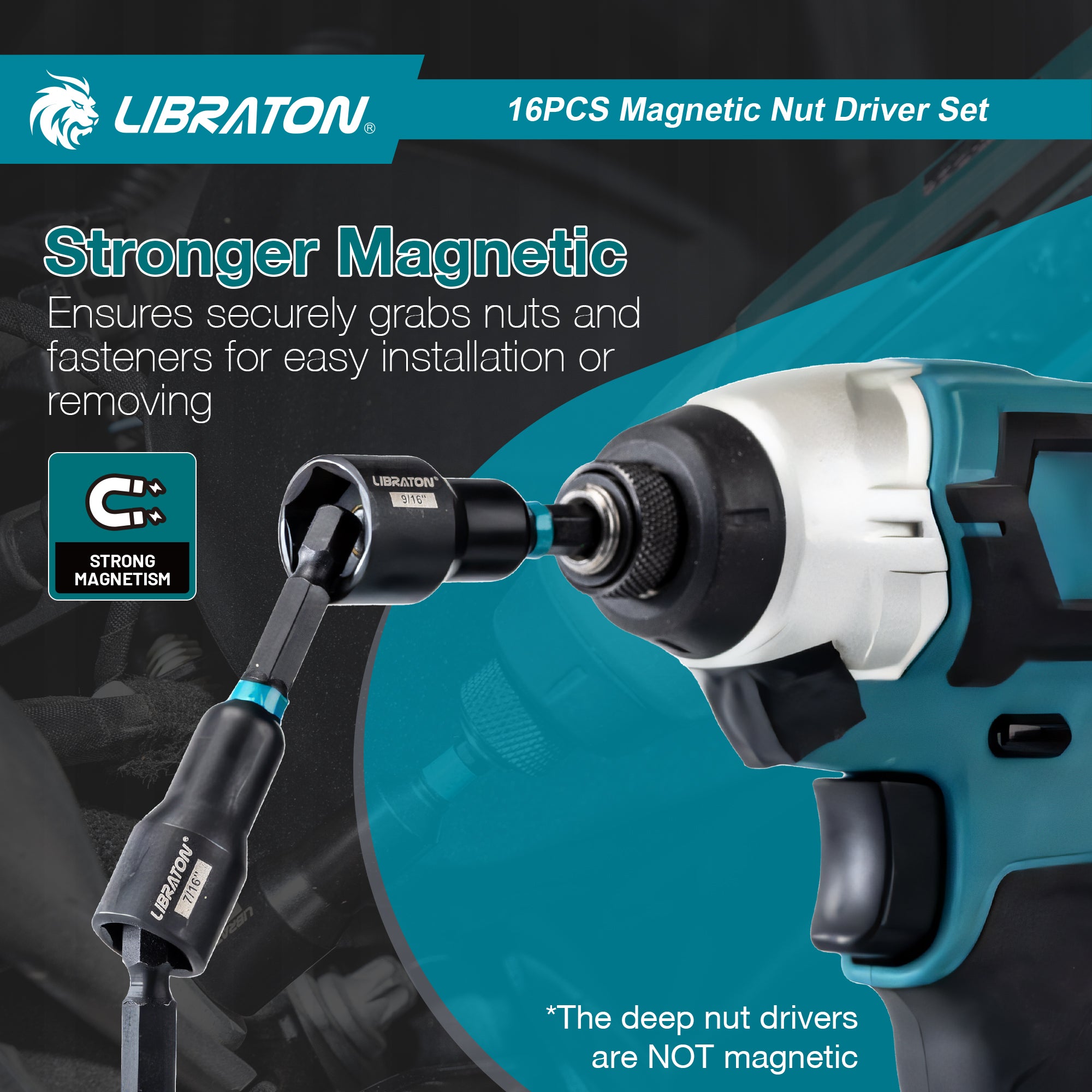 LIBRATON 16-Piece Magnetic Nut Driver Set, 1/4"-9/16" SAE&Metric, Car Repair Kit