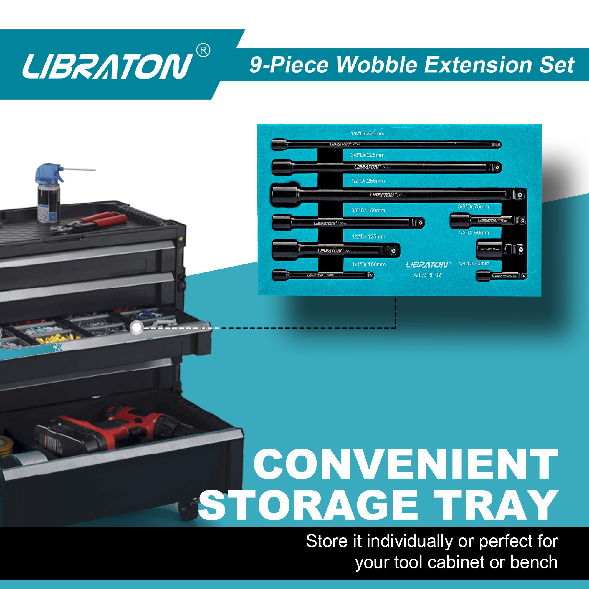 Libraton 9PCS Wobble Extension Set, 1/4" 3/8" 1/2" Drive Socket Extensions
