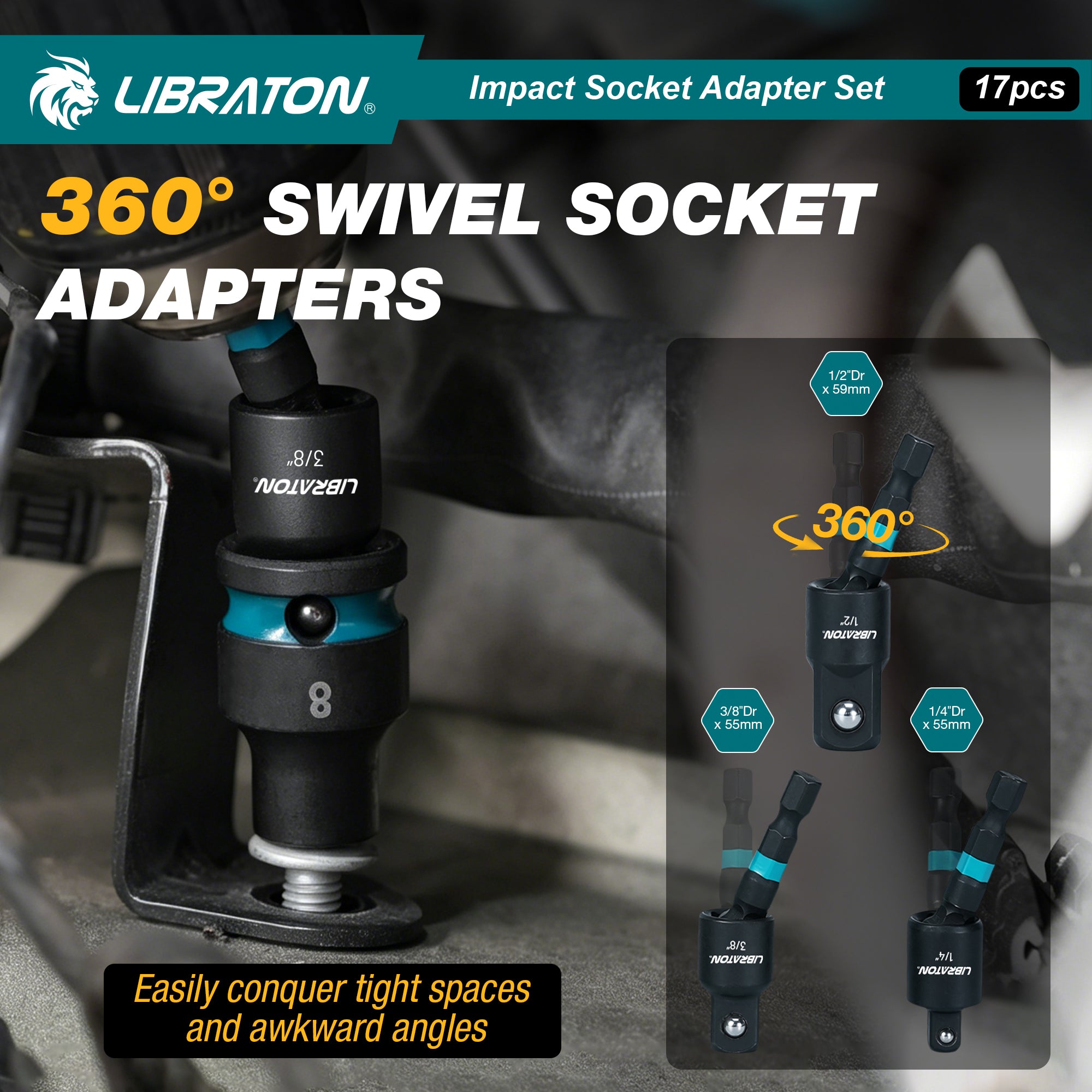 LIBRATON 17PCS Impact Socket Adapter Set | 1/4", 3/8", 1/2" Drive Adapters with Quick Release Holder & Extension Accessories