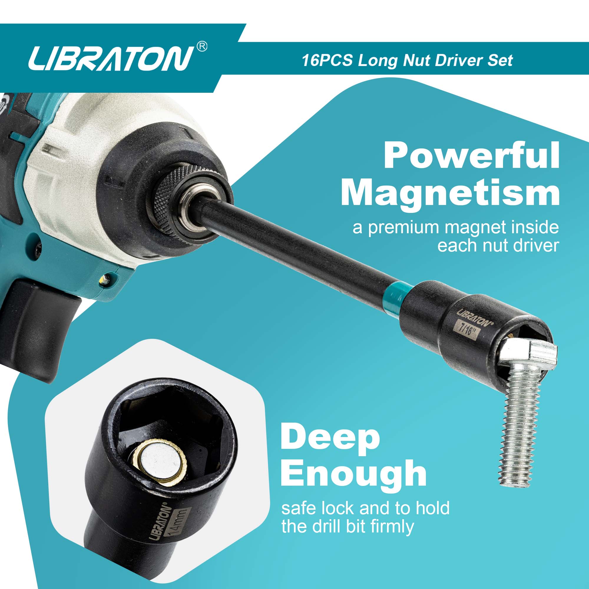 Libraton 16PCS Magnetic Nut Driver Set, 6" Long Metric & SAE Nut Drivers with PH Bits & Storage Bag