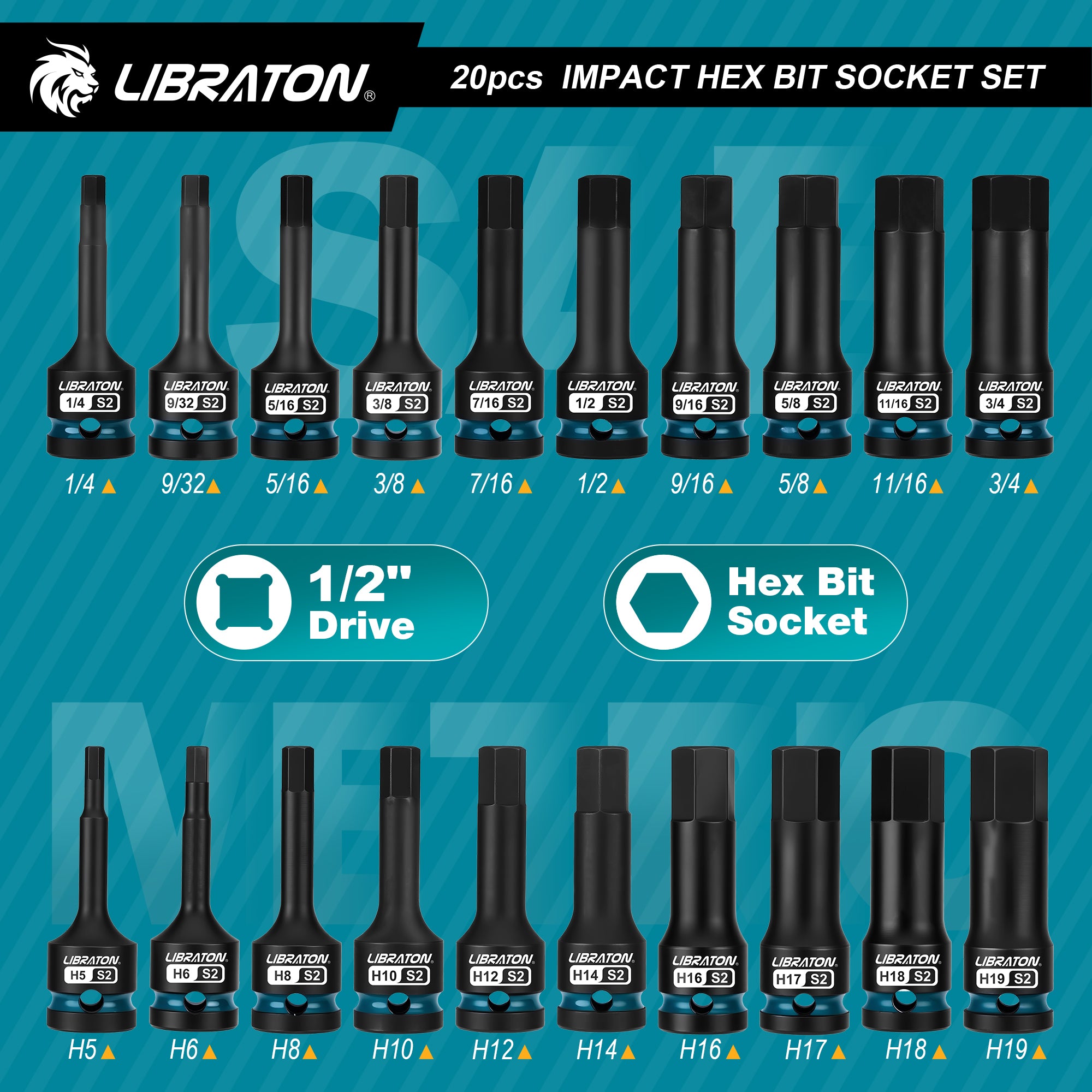 Libraton 20PCS 1/2" Drive Impact Hex Bit Socket Set, S2 Steel, Metric & SAE