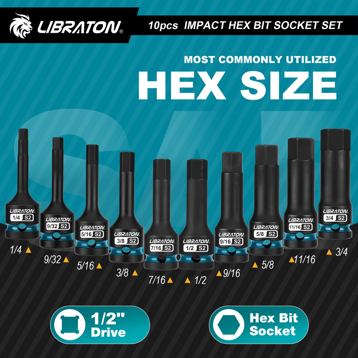 LIBRATON Impact Hex Bit Socket Set, 1/2" Dr, S2 Steel, High Torque Sockets