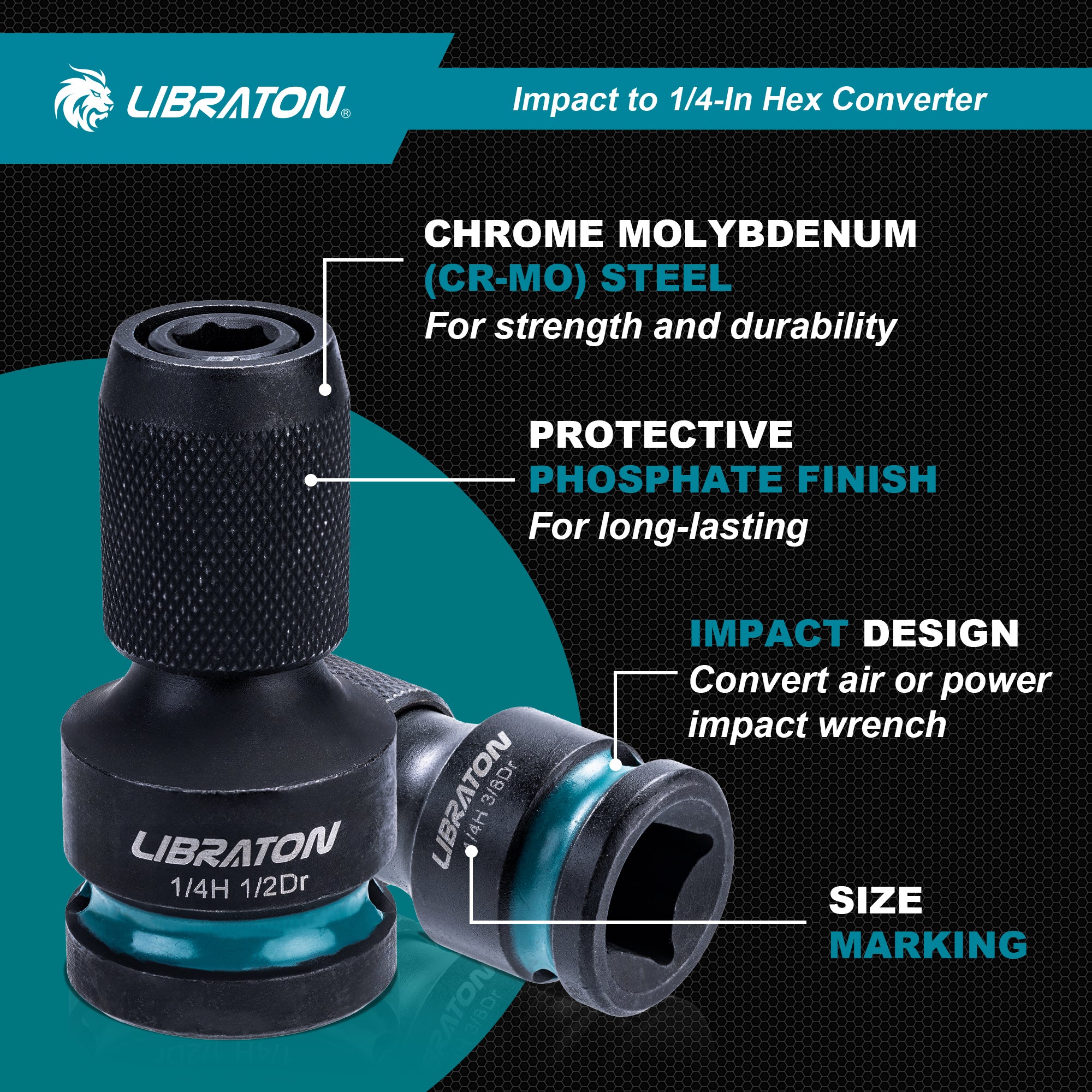 LIBRATON Impact Socket to 1/4" Hex Adapter Set – 1/2", 3/8", 1/4" Drive Converters